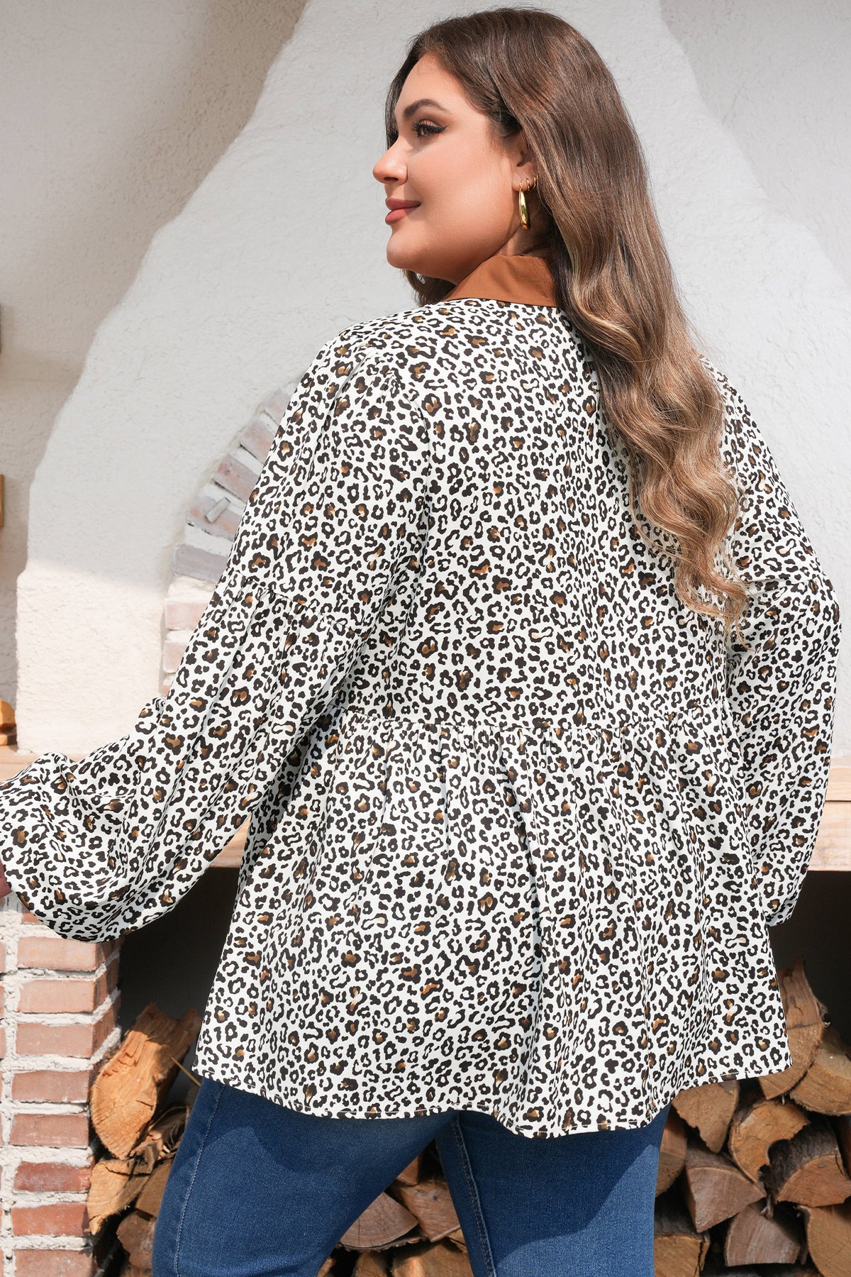 Khaki Plus Size Buttoned Contrast Trim Puff-Sleeve Leopard Print Blouse