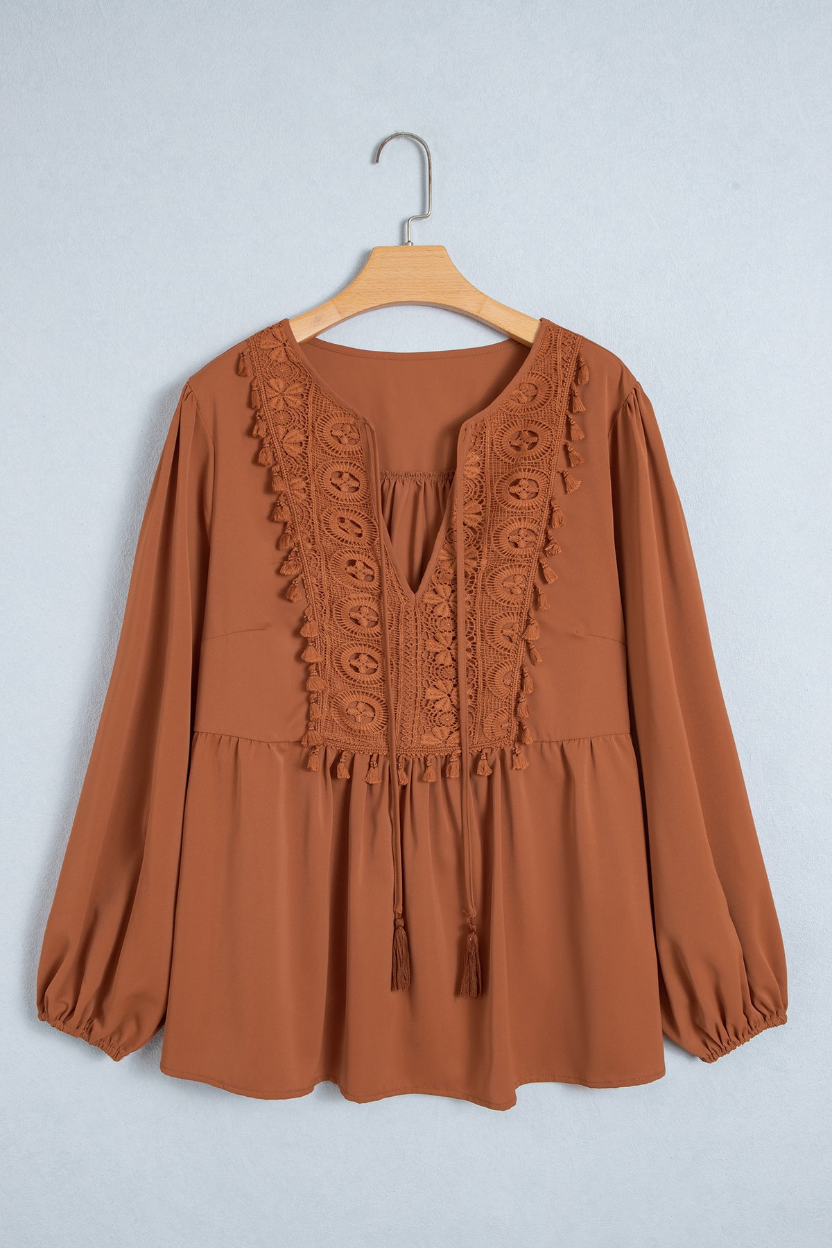 Chestnut Boho V-Neck Embroidered Tassel Long-Sleeve Plus Size Blouse