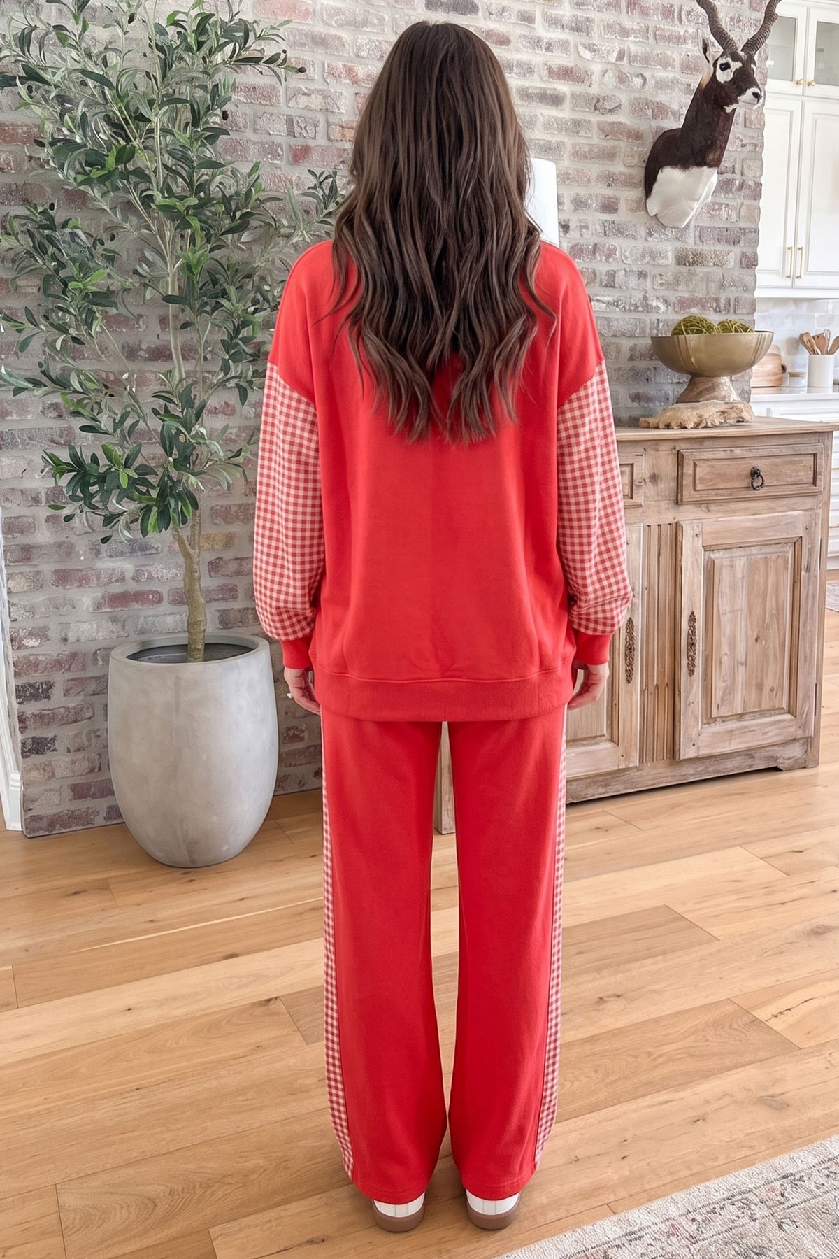 Fiery Red Plaid Contrast Long Sleeve Top and Wide Leg Pants Set