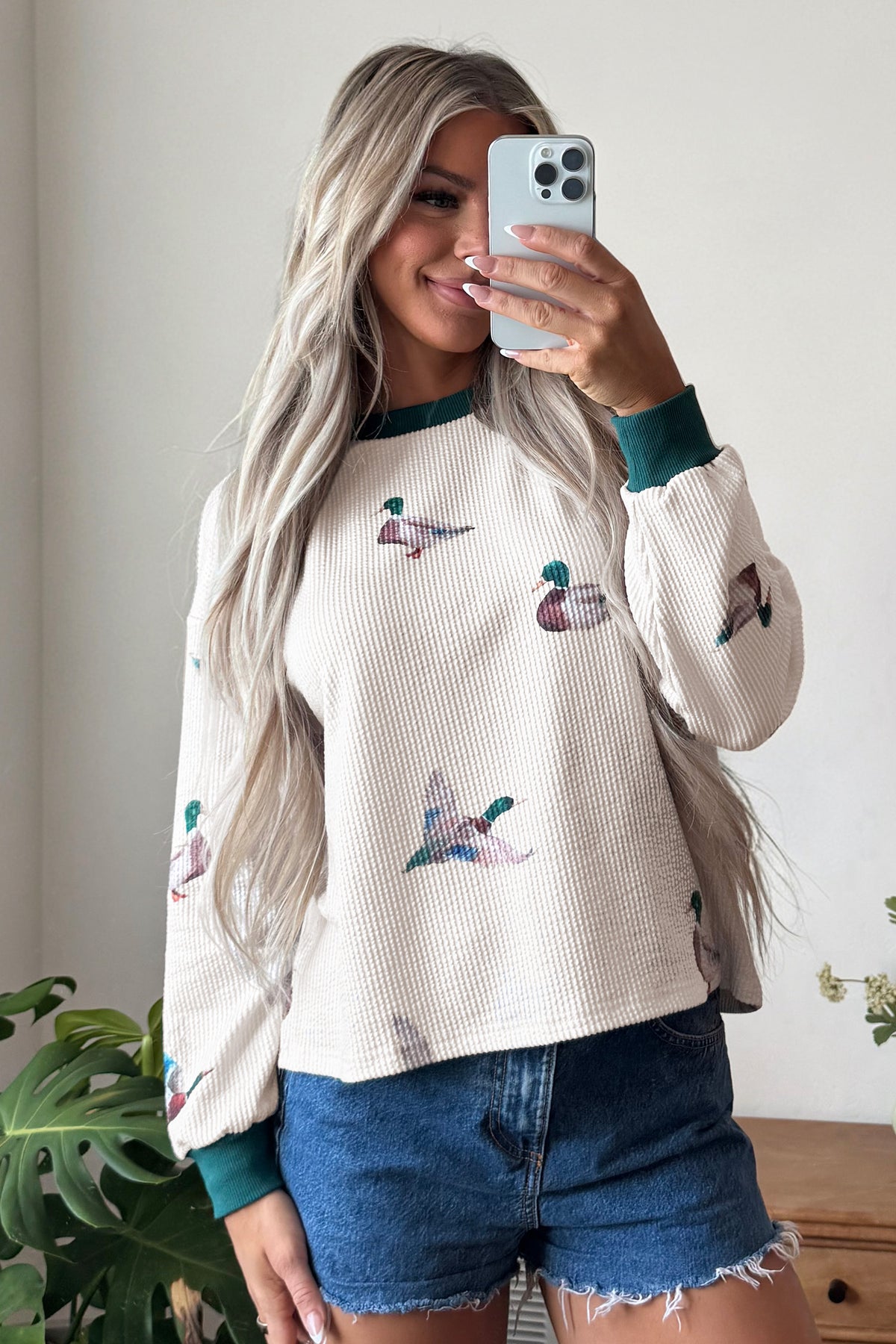 Beige Twisted Ribbed Duck Print Crewneck Top