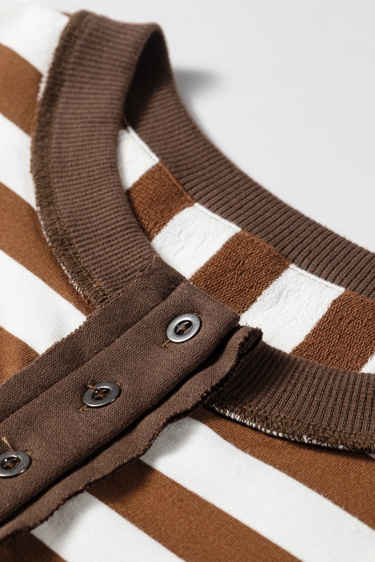 Brown Stripe Exposed Seam Color Block Button Placket Sweatshirt
