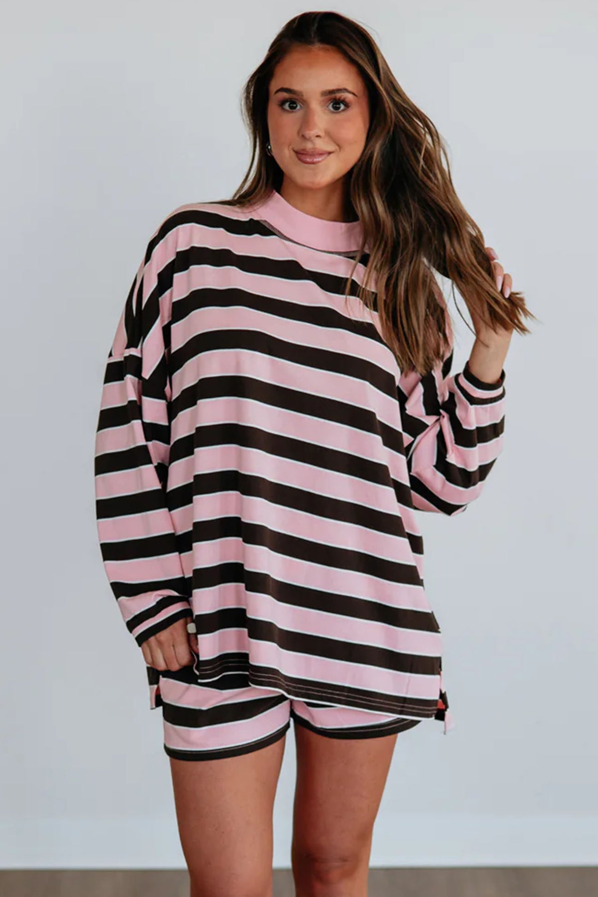 Pink Stripe Oversized Top and Elastic Waist Shorts Set