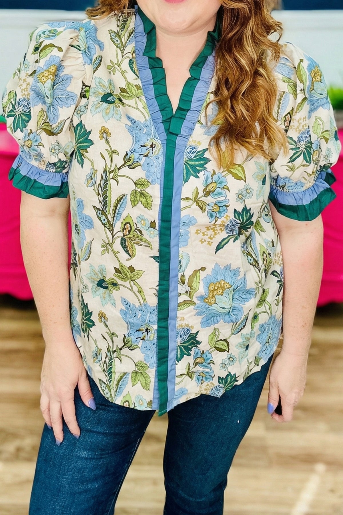 Sky Blue Plus Size Frilled V-Neck Short-Sleeve Floral Blouse