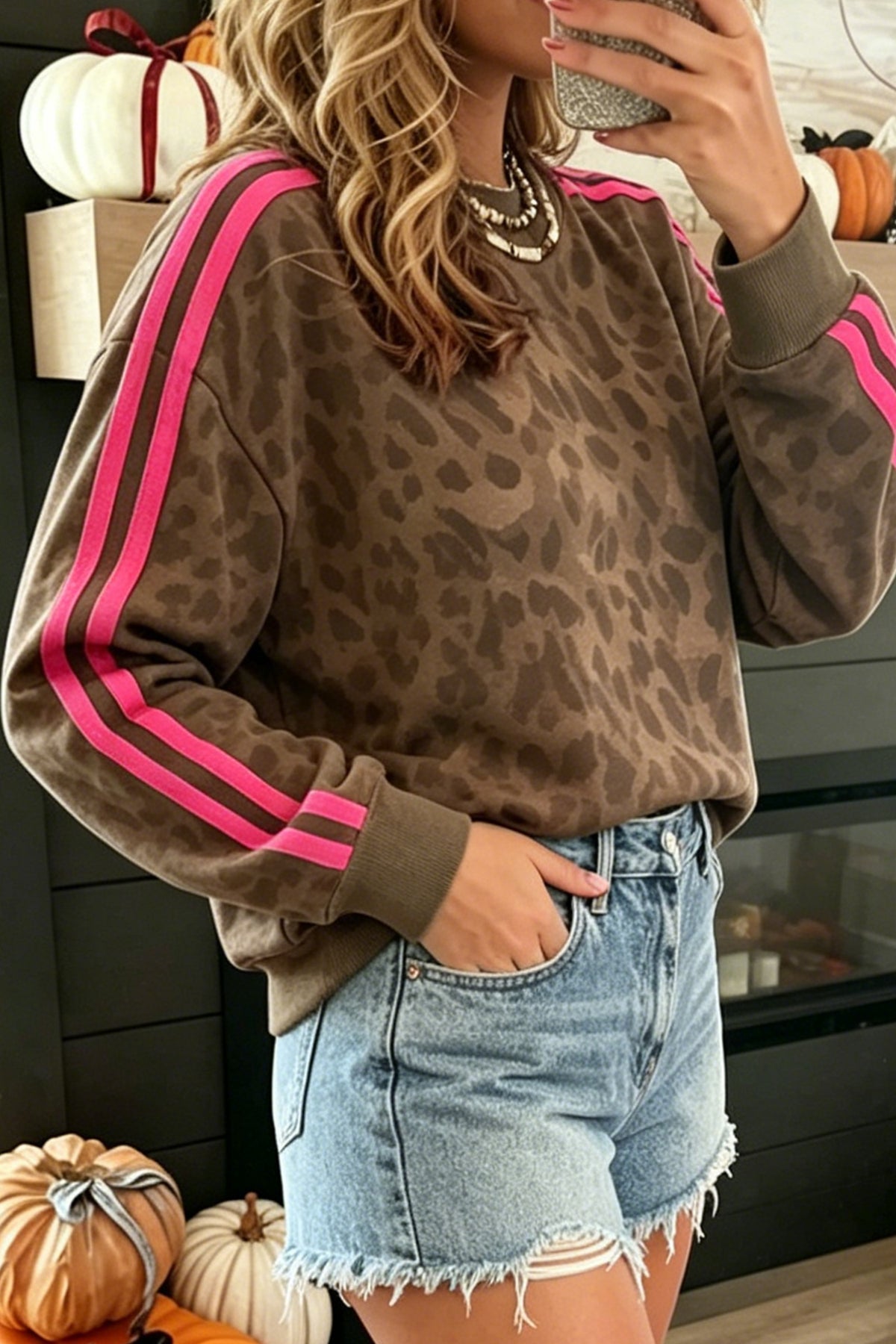Brown Leopard Print Striped Pullover Sweatshirt