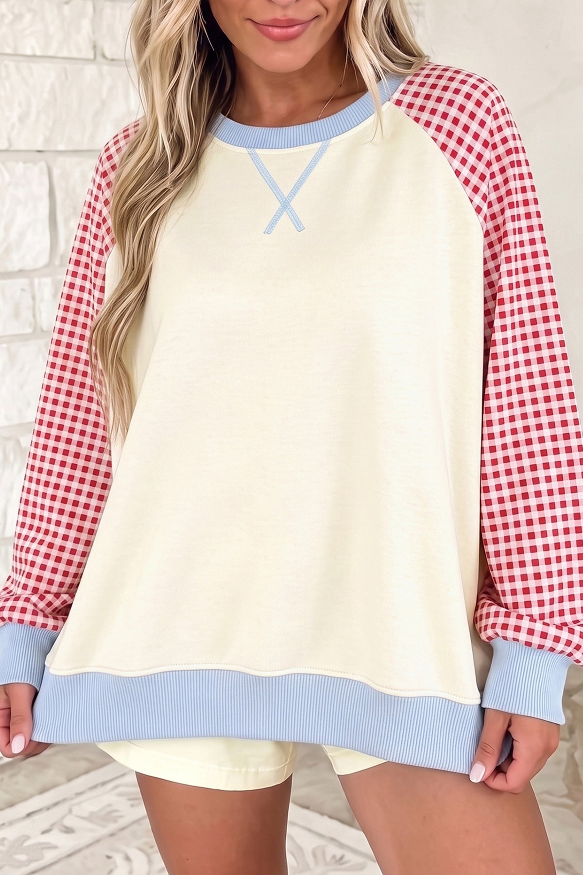Beige Plaid Sleeve Colorblock Raglan Sweatshirt