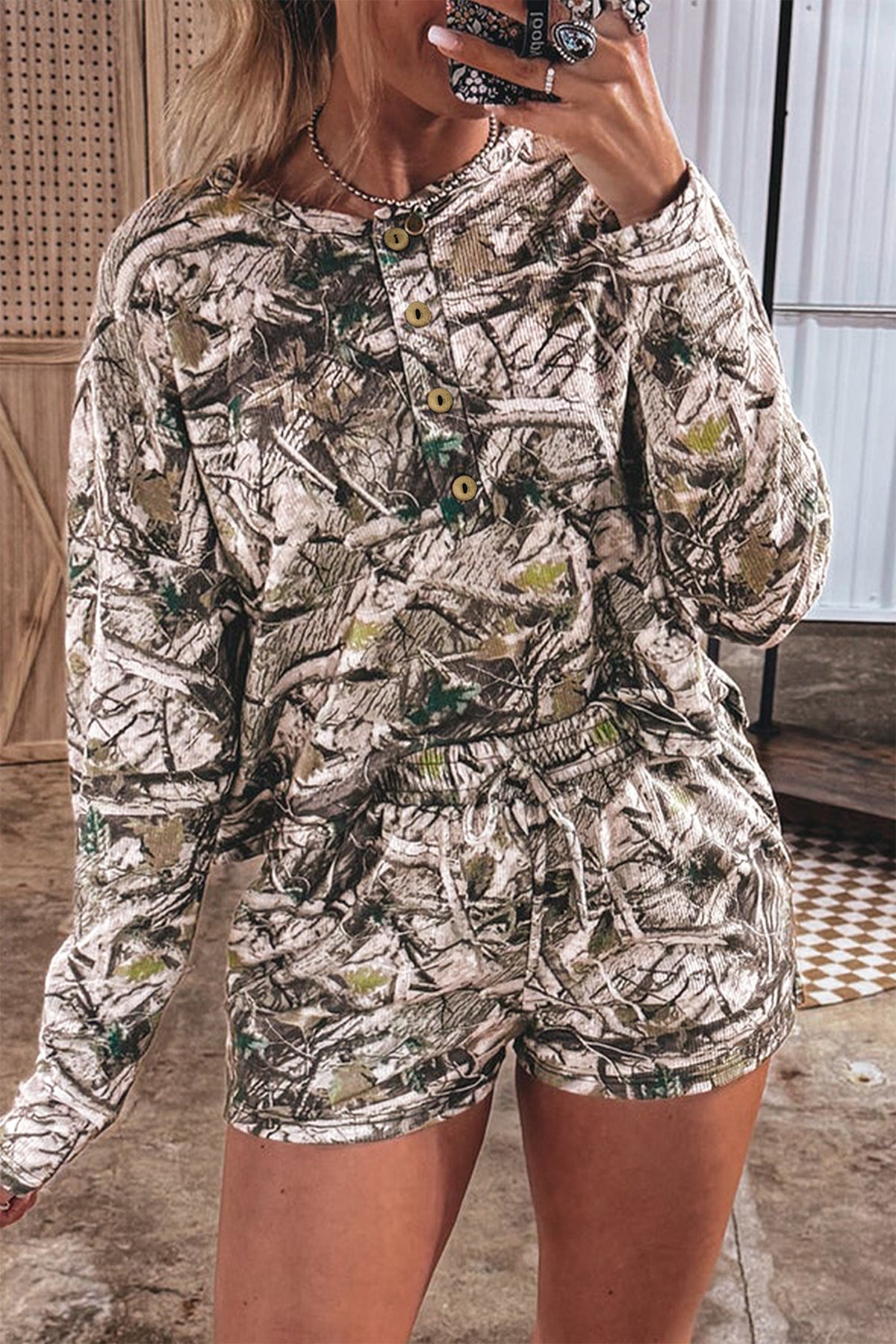 Women's Brown Camo Long-Sleeve Top Elastic Waist Shorts Two-Piece Set