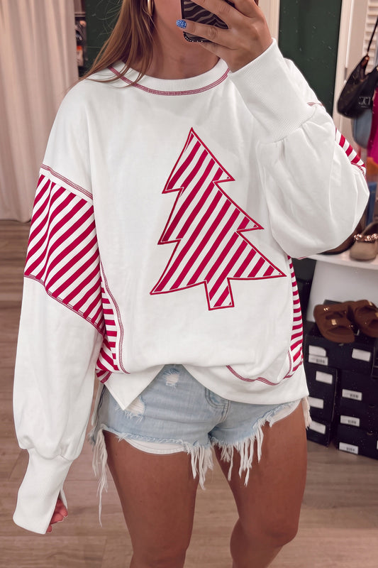 White Striped Contrast Christmas Tree Puff Sleeve Top