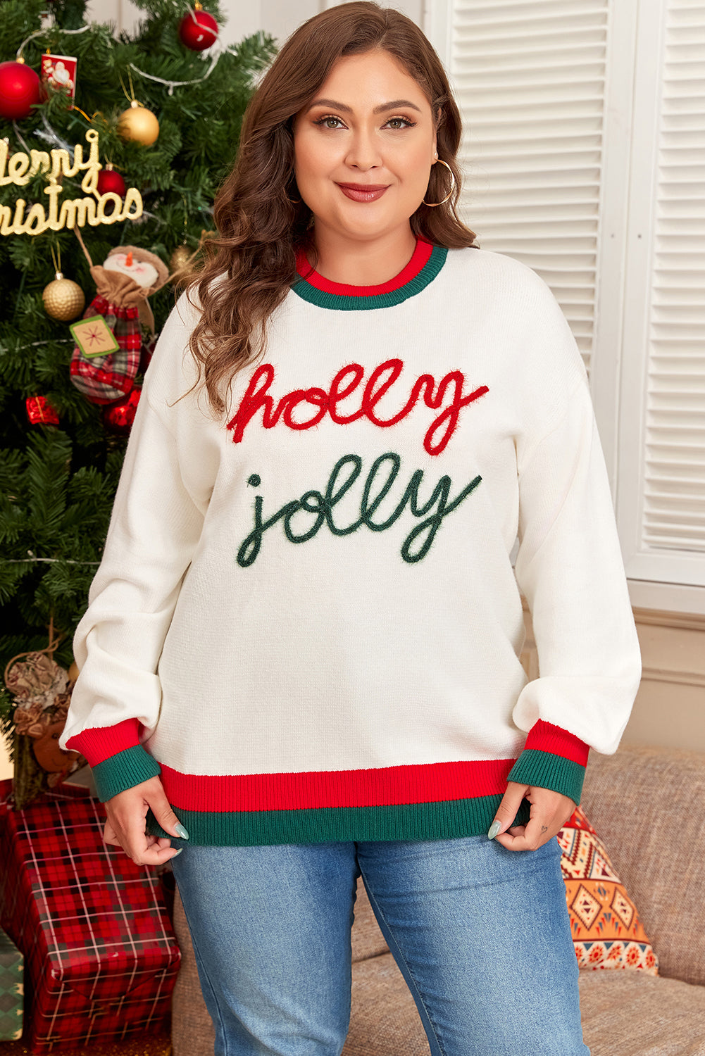 White Tinsel holly jolly Pattern Color-Block Edge Drop-Shoulder Plus Size Sweater