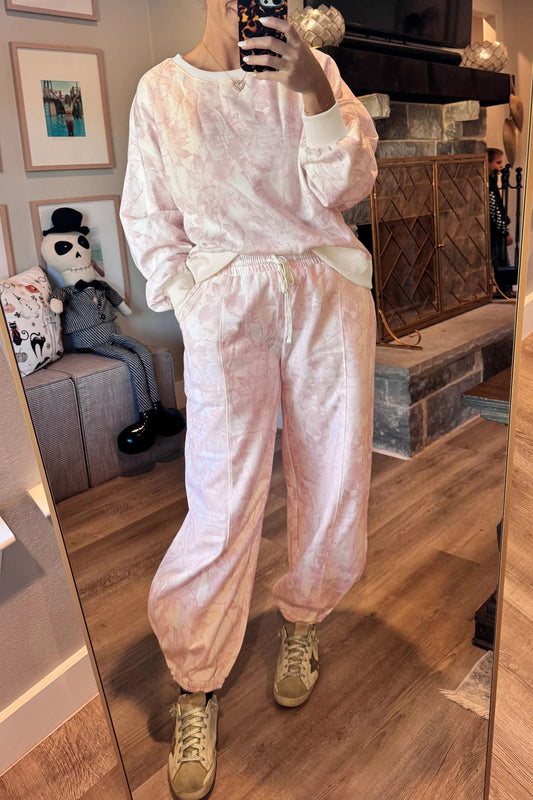 Pink Abstract Print Drawstring Waist Drawstring Hem Pant Set