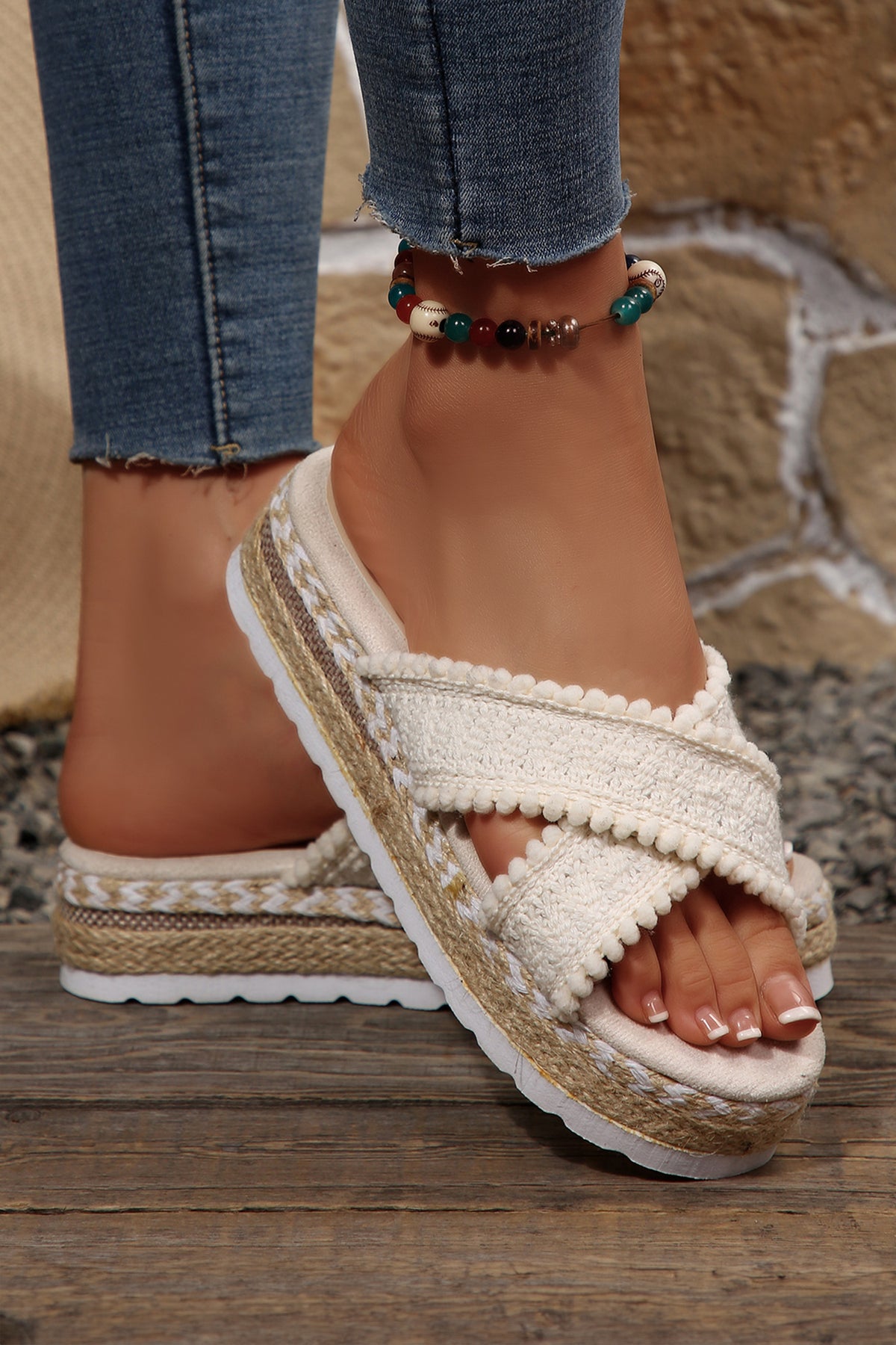 White Pompom Knit Platform Slide Sandals