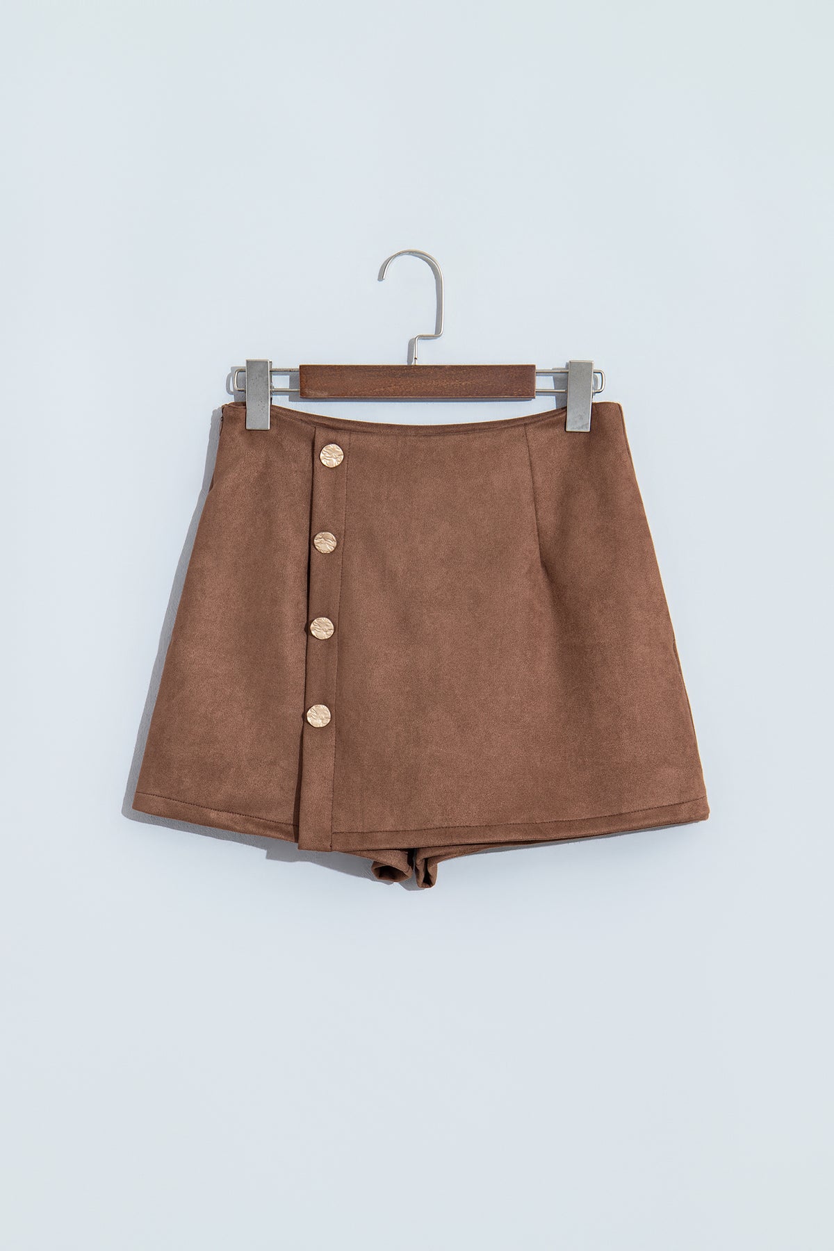 Dark Khaki Gold Button Asymmetric Wrapped Mini Skirt