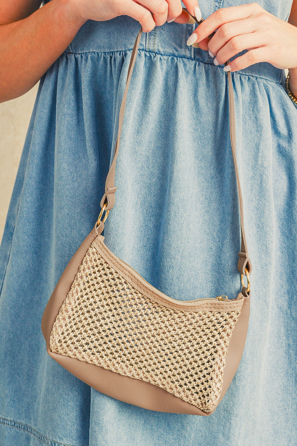 Khaki Straw Woven PU Leather Patchwork Shoulder Bag