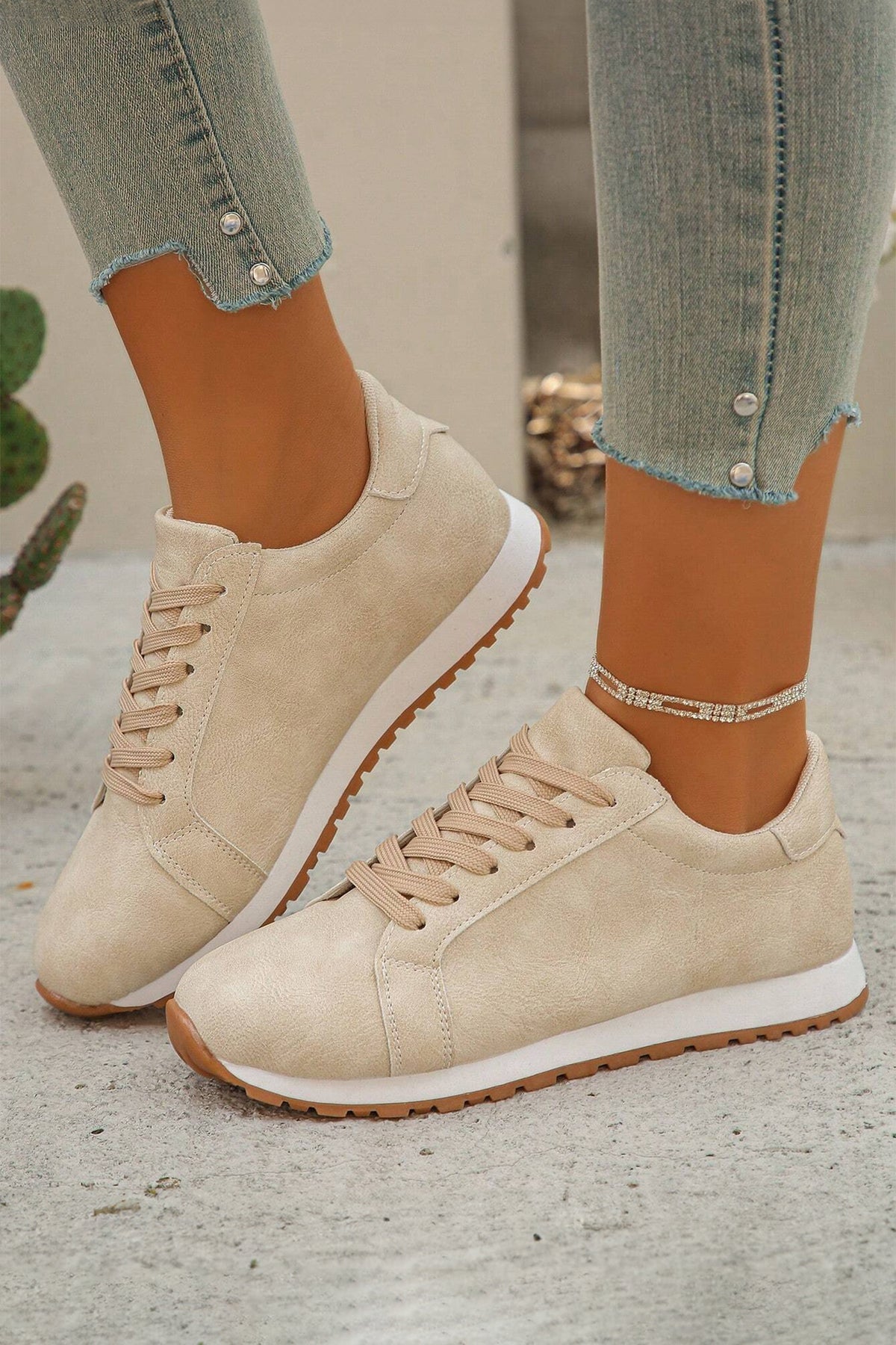 Beige Faux Suede Lace-up Sneakers