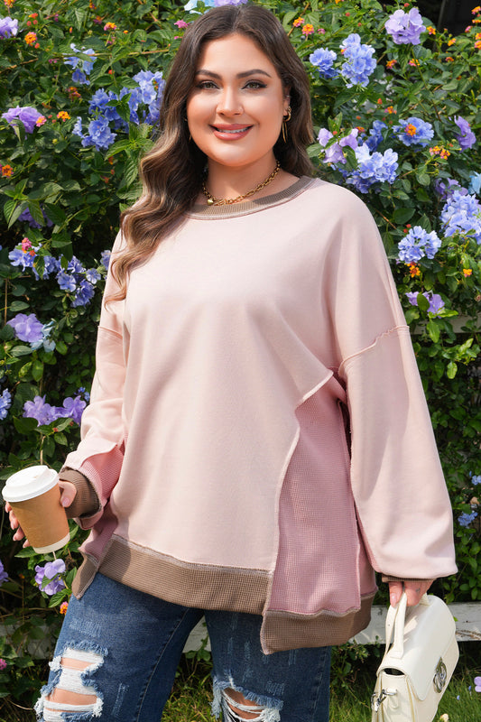 Light Pink Plus Waffle Patchwork Exposed Seam Sweatshirt