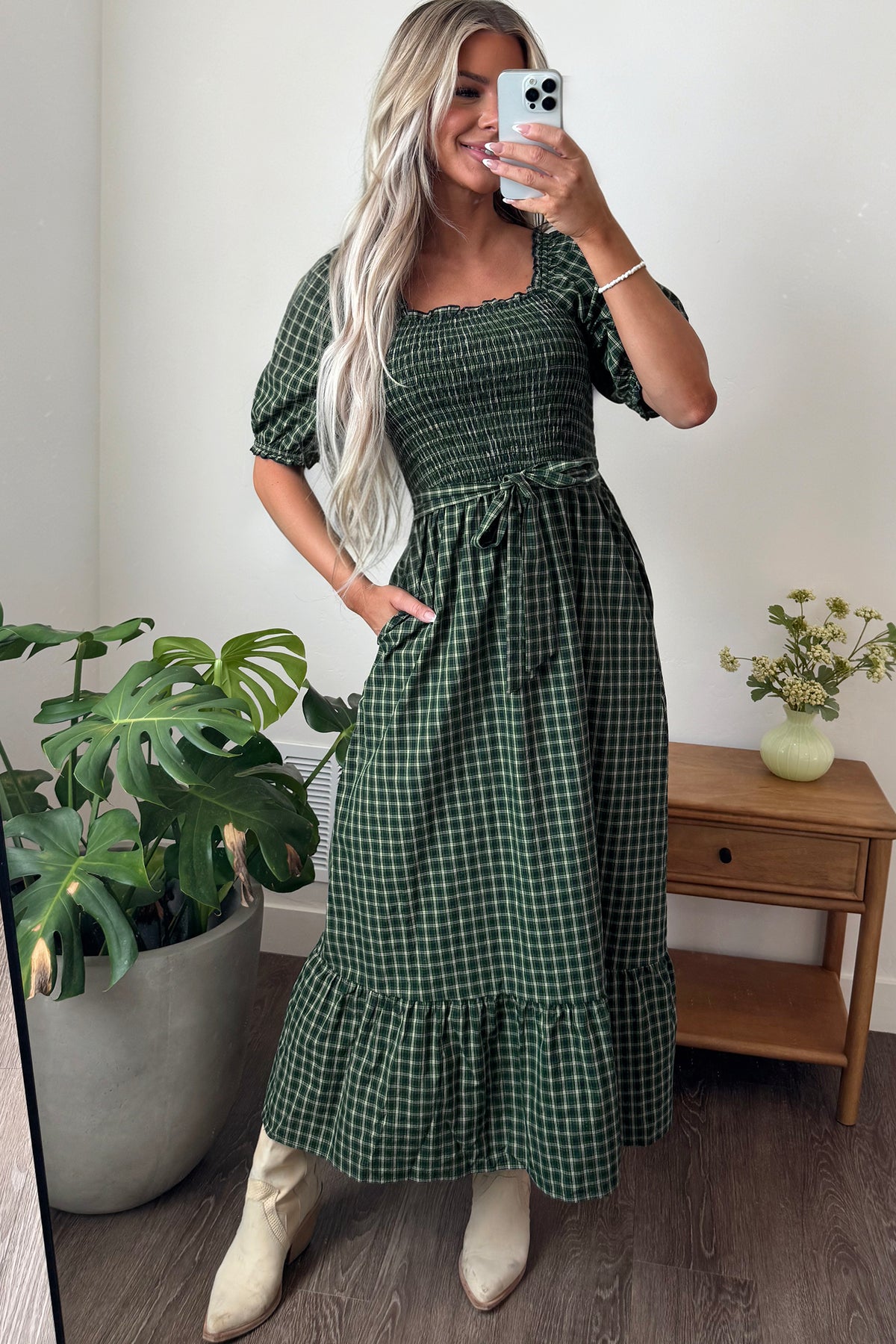 Green Plaid Ruffle Square-Neck Maxi Dress