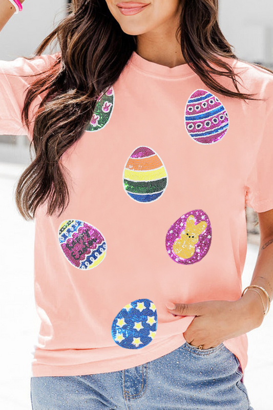 Pink Sequin Easter Eggs Graphic Crewneck T-Shirt