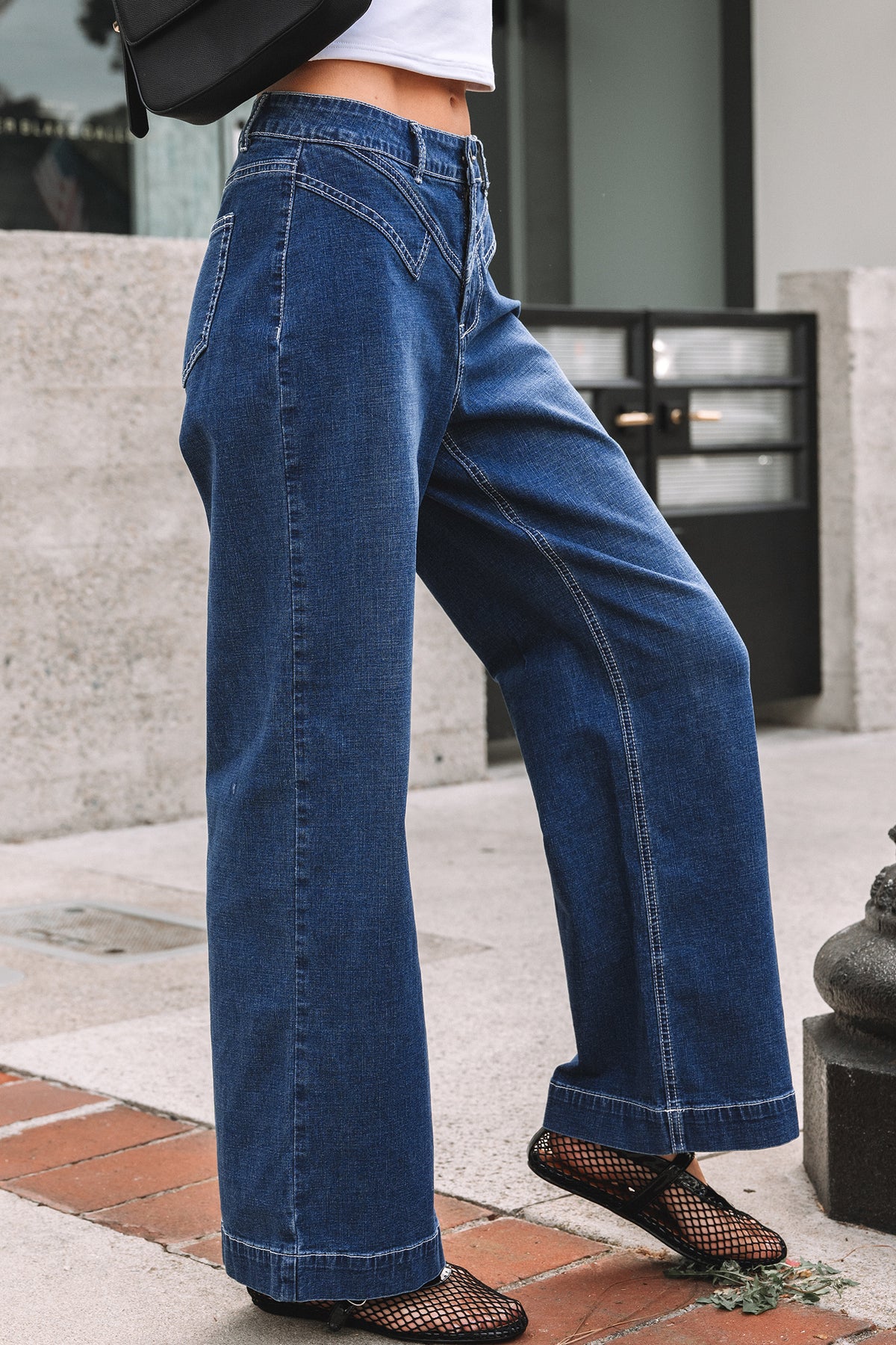 Sail Blue Stitched Waist Loose Cuffed Jeans