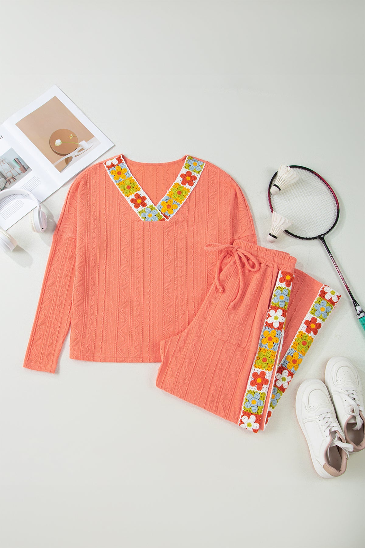 Women's Grapefruit Orange Crochet Floral Accent V-Neck Textured Pants Set