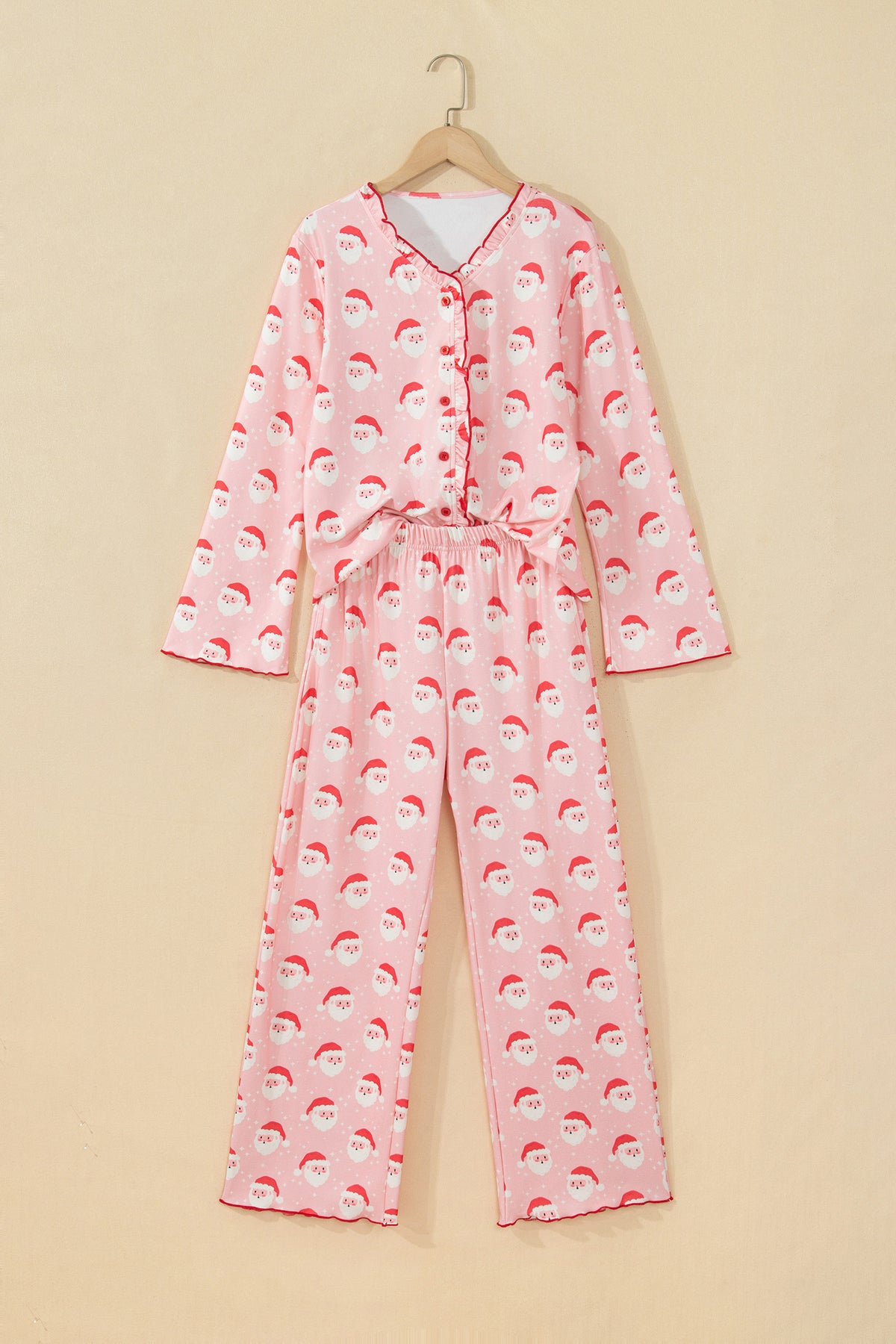 Pink Christmas Santa Print Long Sleeve Top Lounge Pant Set