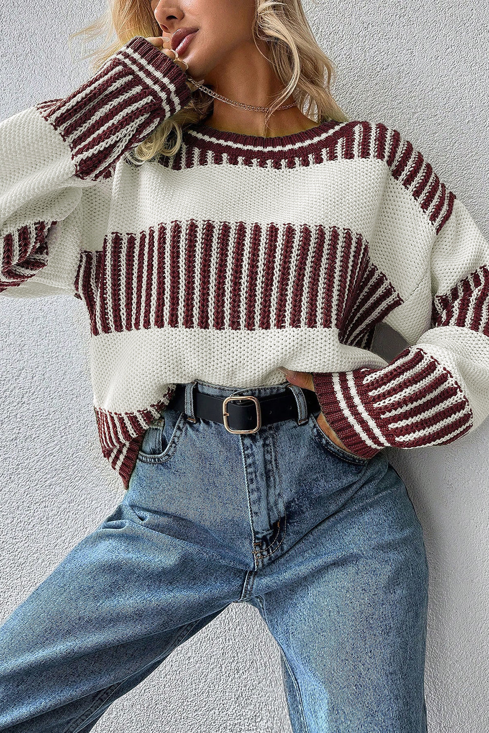 Khaki Two Tone Striped Patchwork Drop Shoulder Loose Sweater