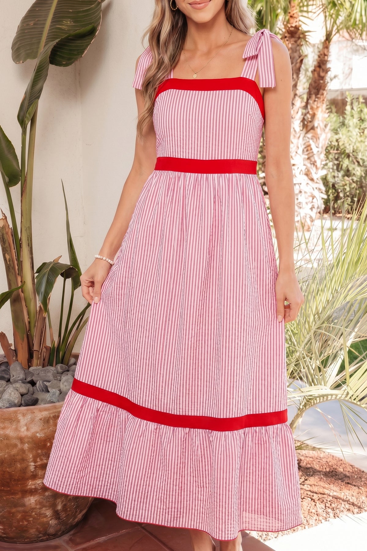 Red Stripe Bow Knot Straps High Waist Ruffle Hem Maxi Dress