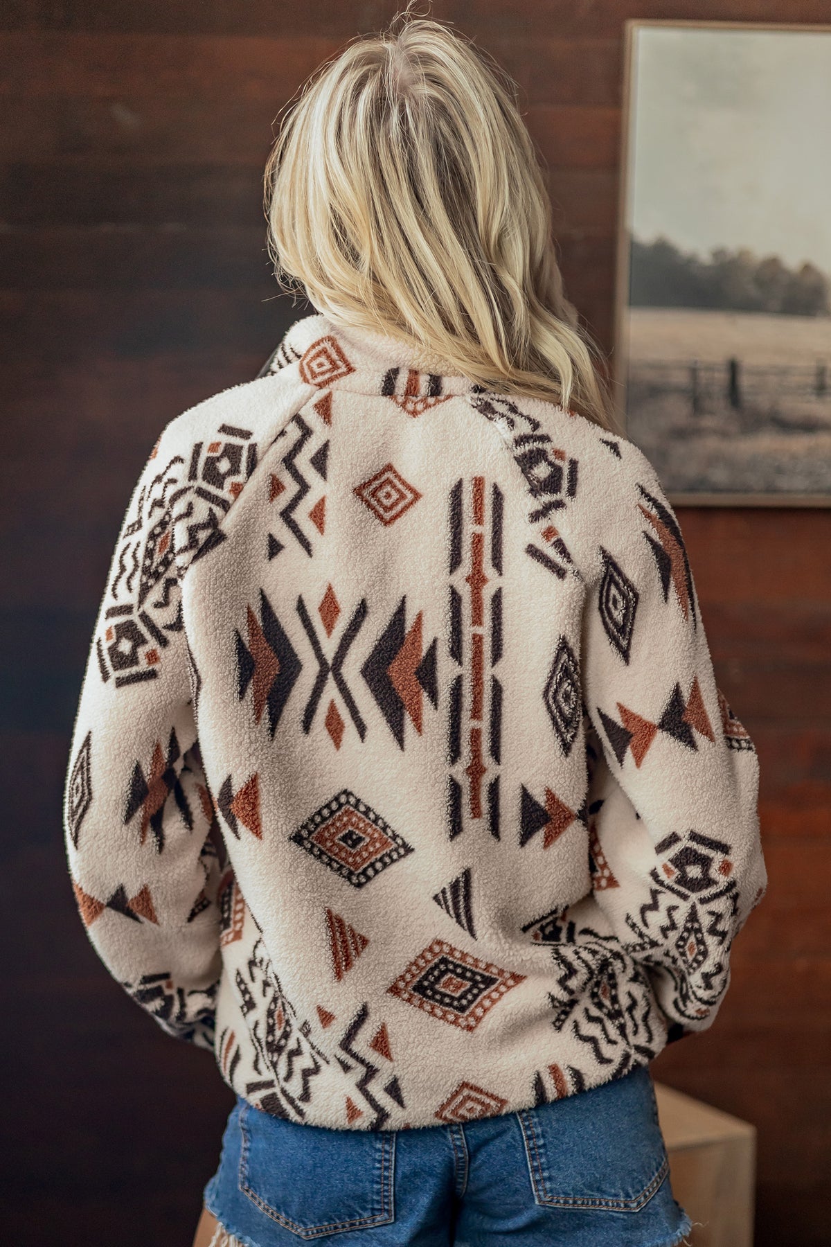 Beige Geometric Print Long Sleeve Shirt Collar Zip-up Placket Jacket