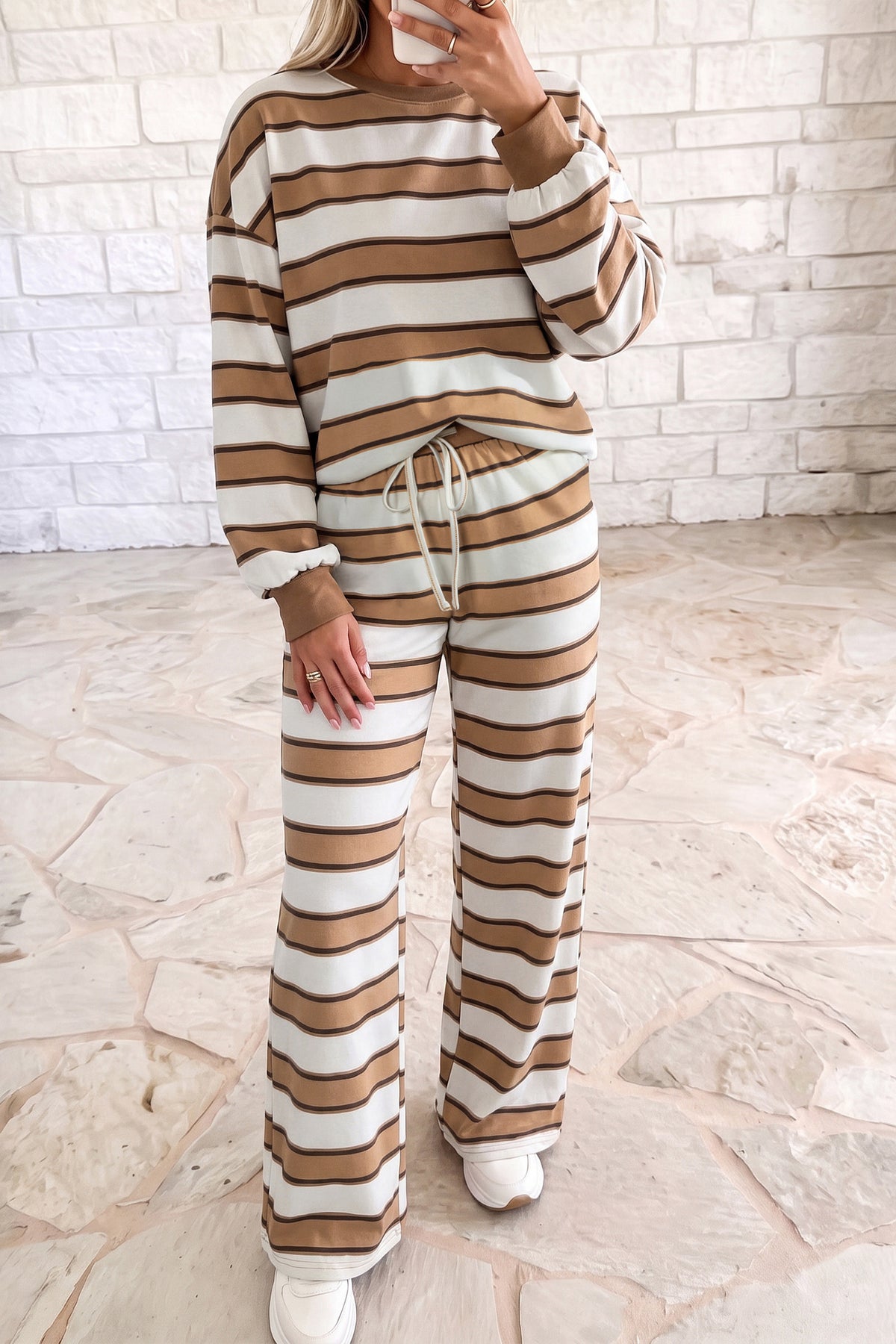 Women's Khaki Stripe Contrast Trim Patchwork Casual Two-Piece Pants Set
