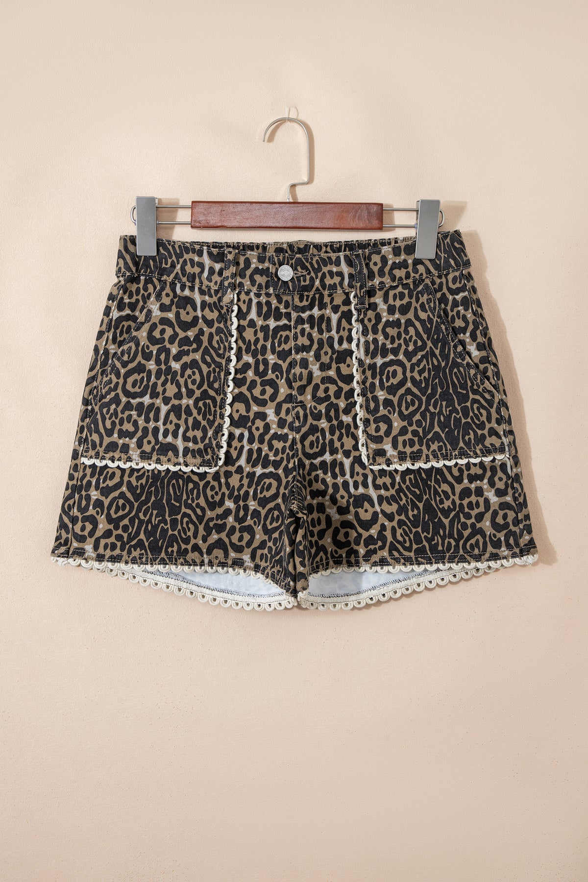 Khaki Contrast Scalloped Lace Trim Leopard Denim Shorts