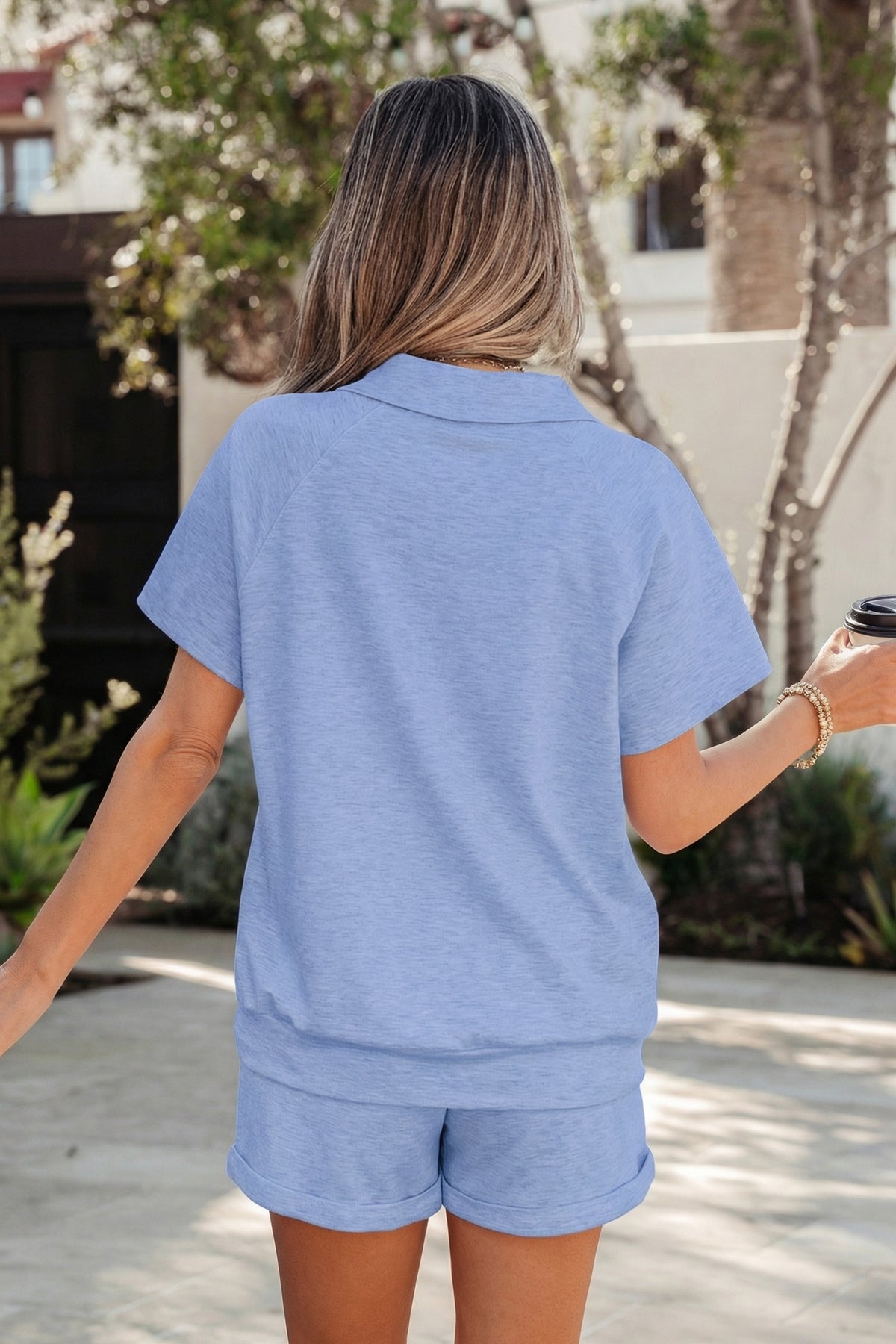 Women's Light Grey Collared V-Neck Tee Shorts Two-Piece Outfit Set