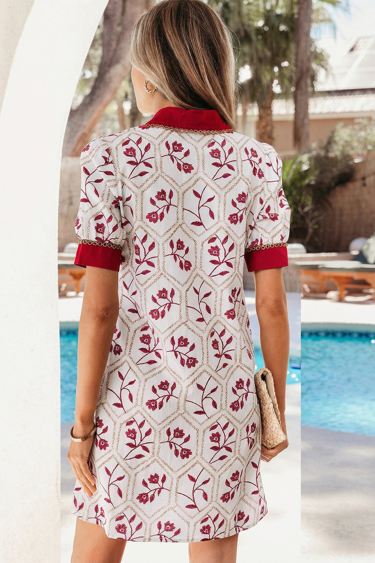 Red Geometric Floral Print Lace Trim Short Sleeve Mini Dress
