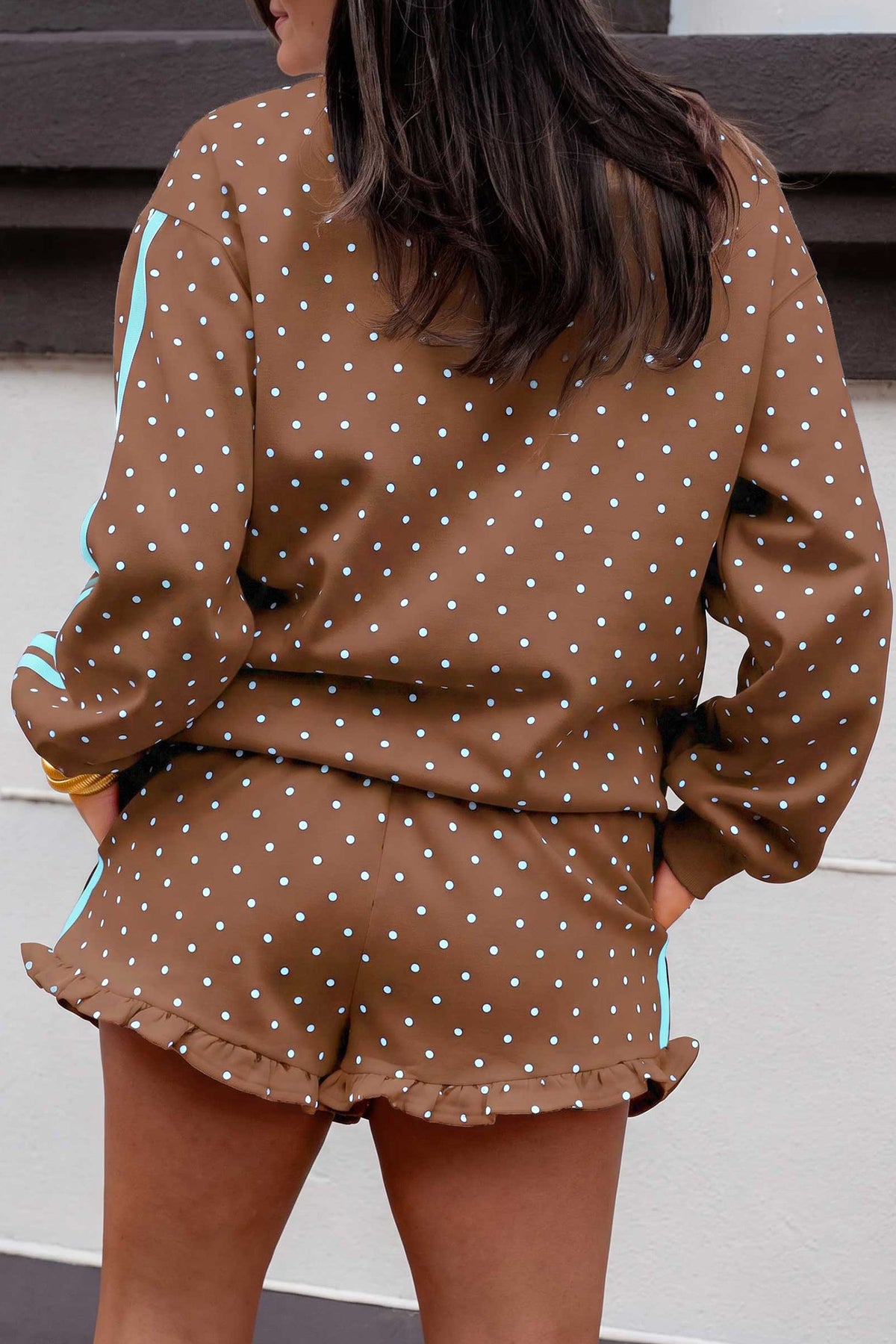 Brown Polka Dot Side Stripe Sweatshirt and Shorts Set