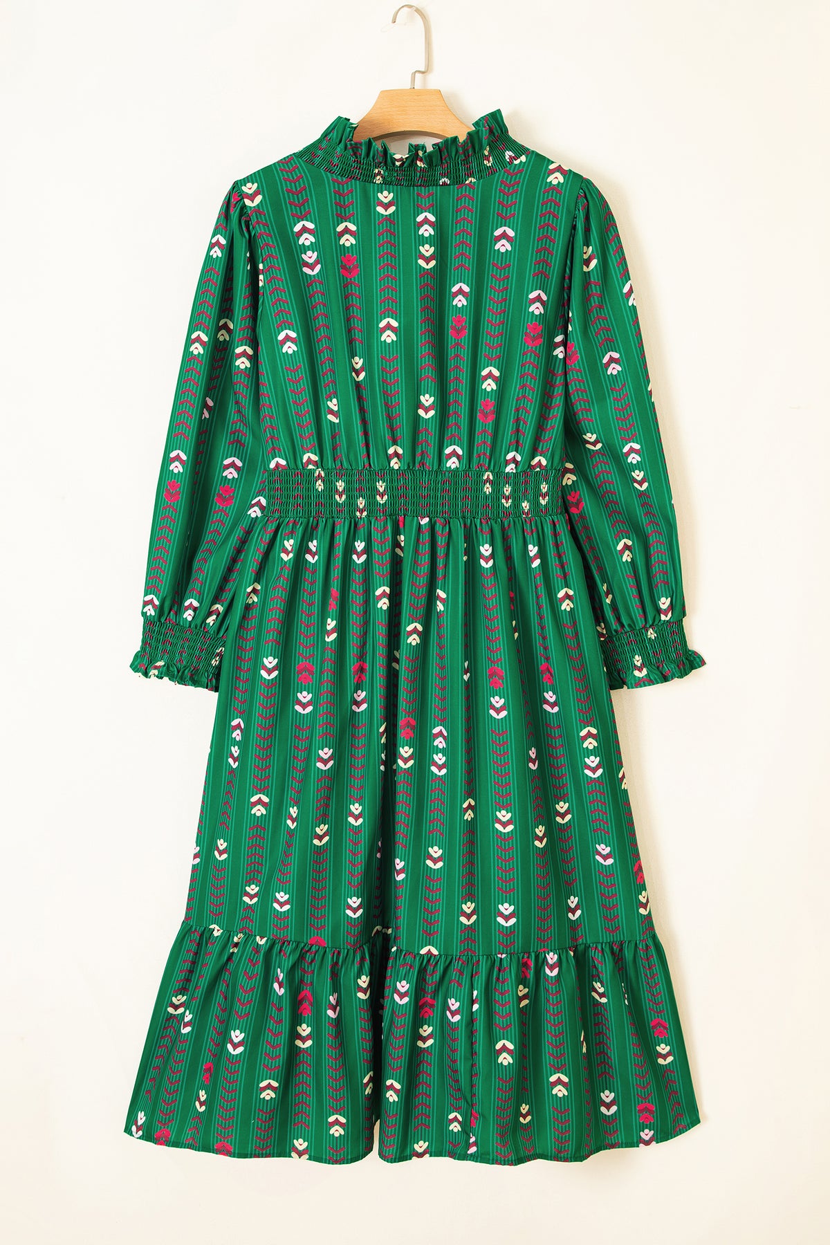 Green Floral Print V-Neck Long-Sleeve Shift Plus Size Dress