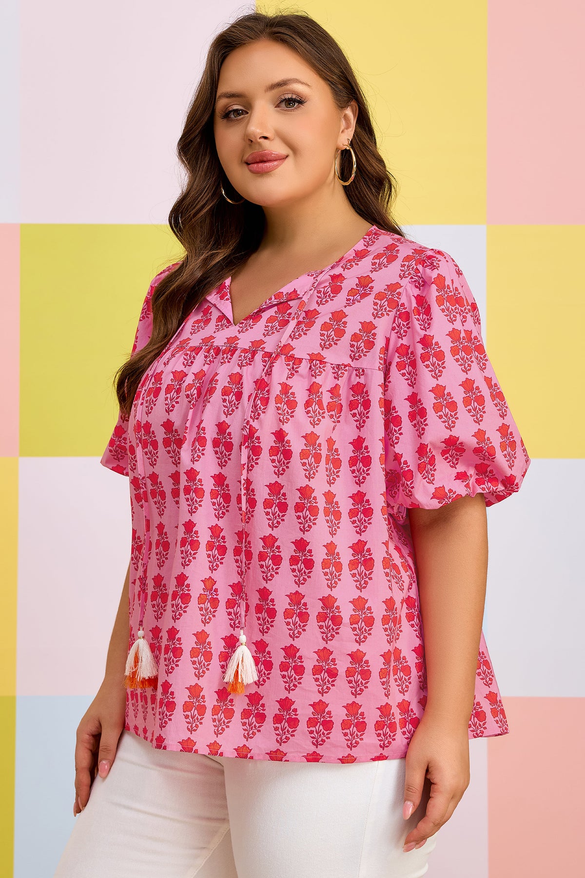 Pink Plus Size Floral Print Tassel Tie Puff-Sleeve Cotton Blouse