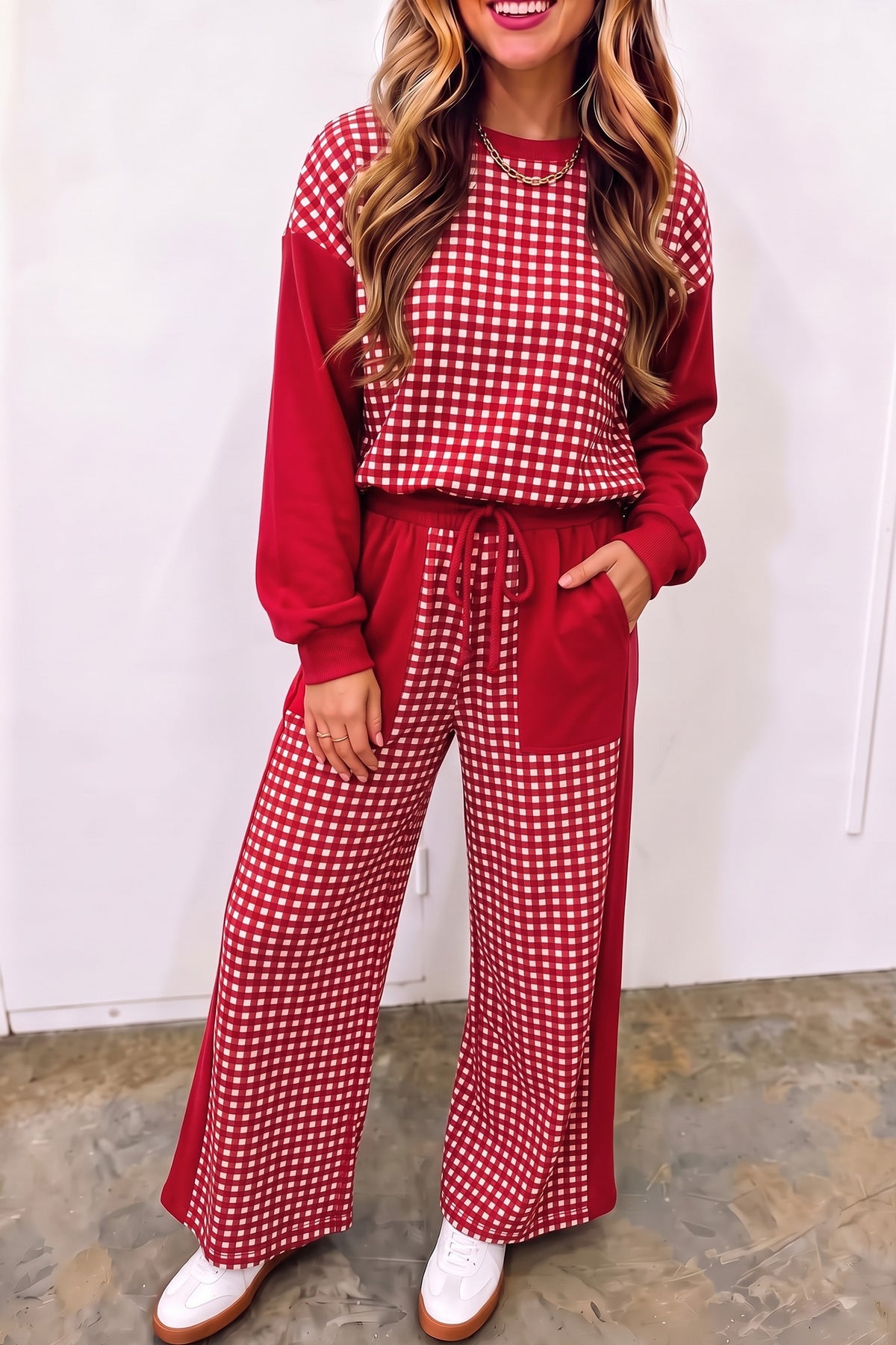 Women's Red Color Block Plaid Patchwork Long-Sleeve Pullover Wide-Leg Pants Set