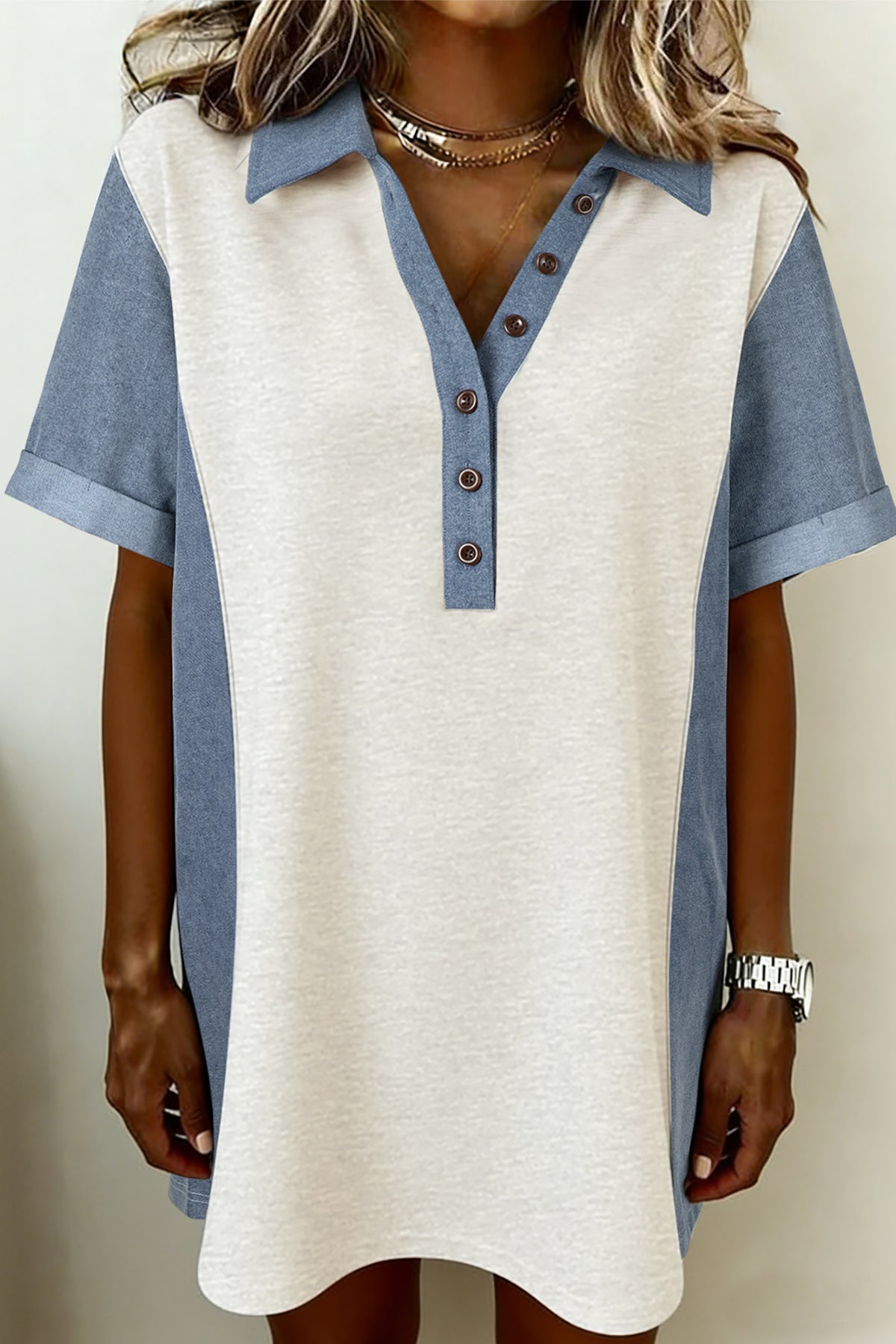 Light Grey Denim Color Block Patchwork Button T-Shirt Tunic Dress