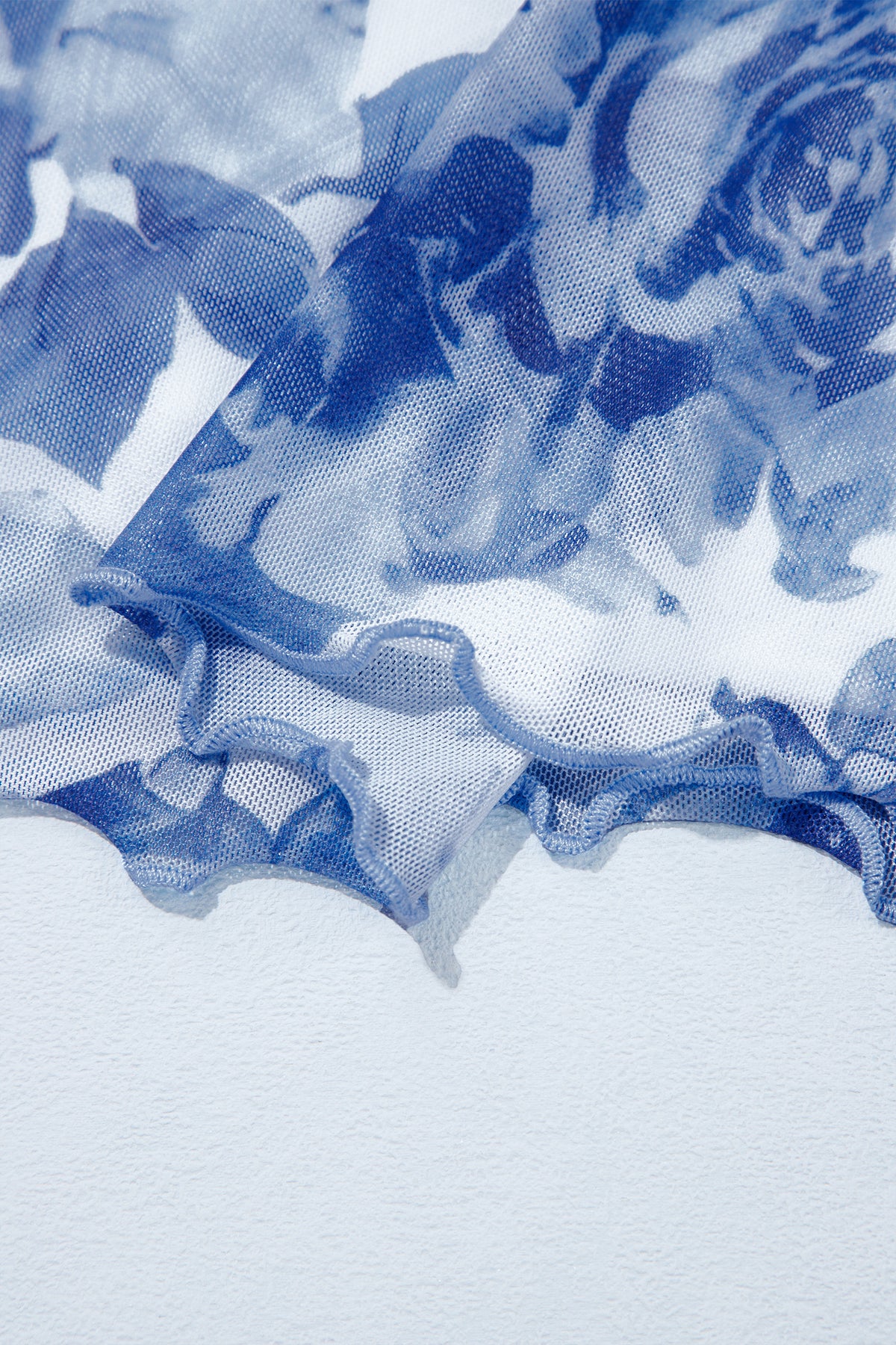 Sky Blue Floral Print Stand Neck Mesh Top