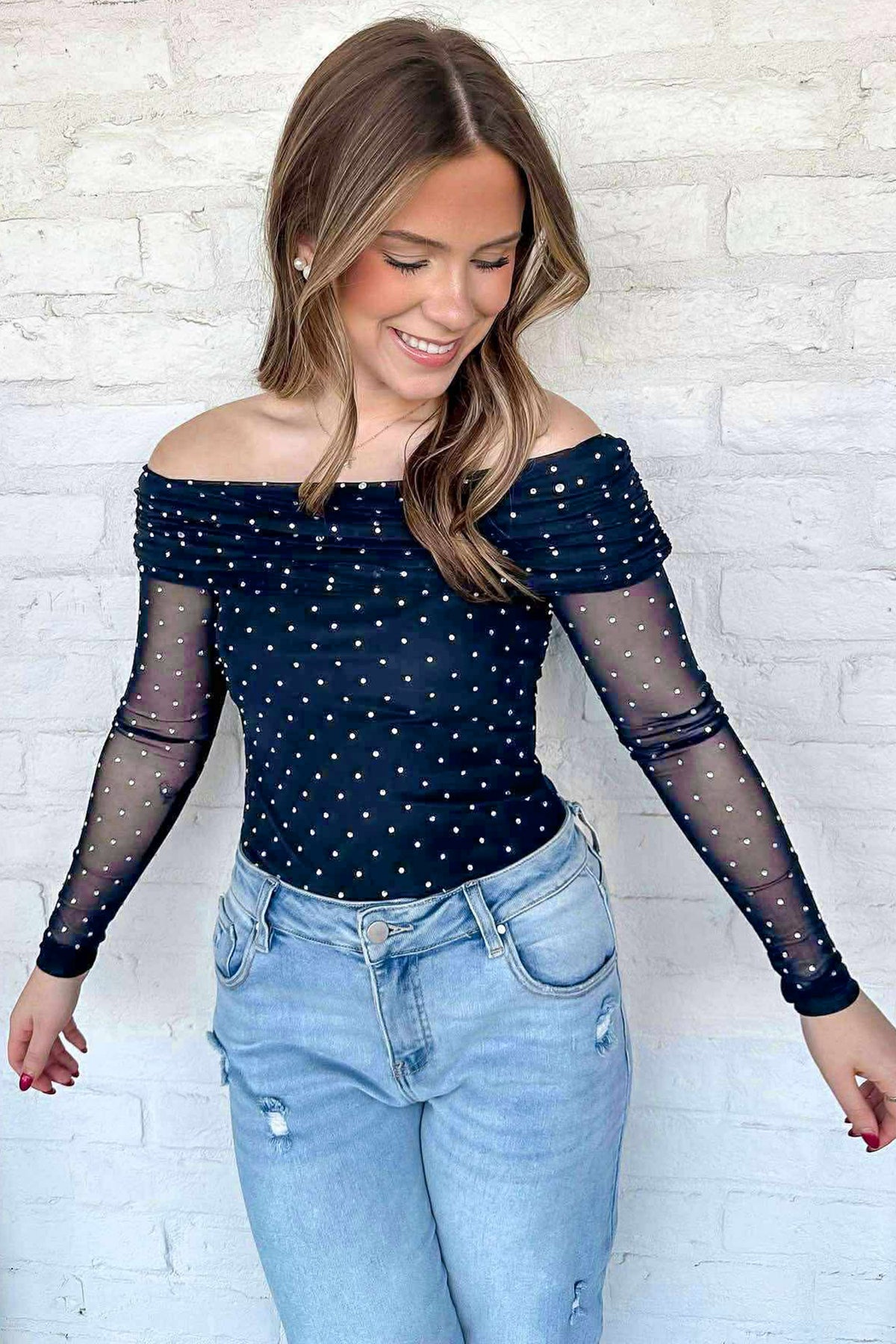 Blue Off Shoulder Polka Dot Mesh Sheath Top