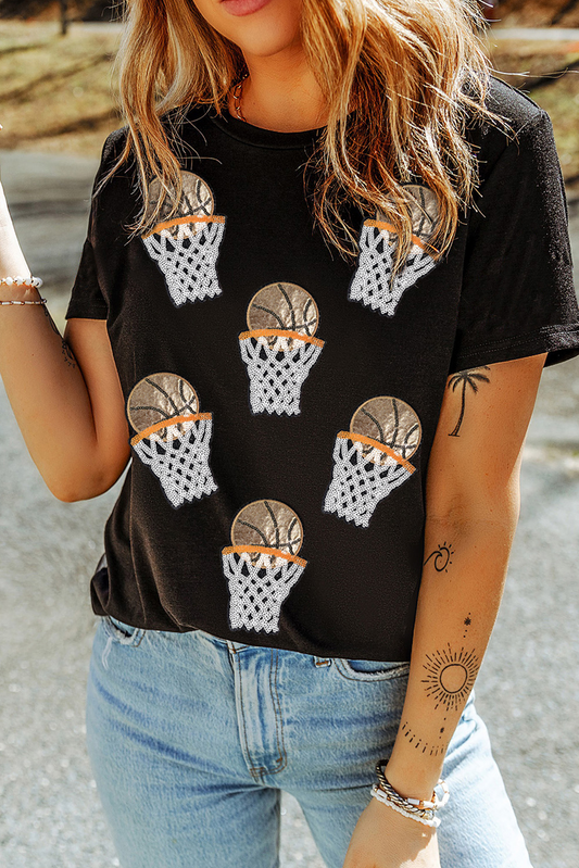 Black Sequin Basketball Patched Graphic Game Day T-Shirt