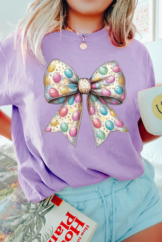 Wisteria Celebrative Easter Eggs Bow Print Casual T-Shirt