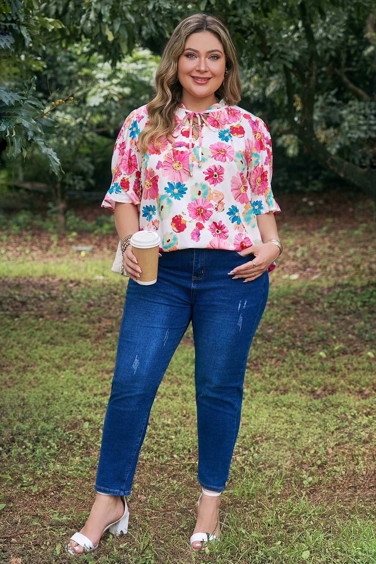 Pink Plus Size Floral Print Ruched Short-Sleeve Blouse