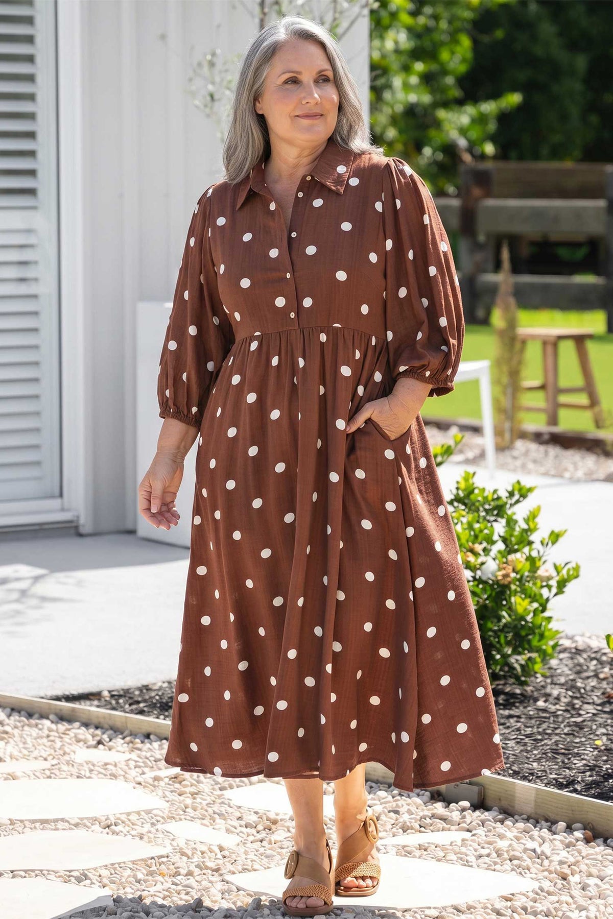 Brown Polka Dot V-Neck Abdomen Pocket Gathered Cuffs Long-Sleeve Shift Plus Size Dress