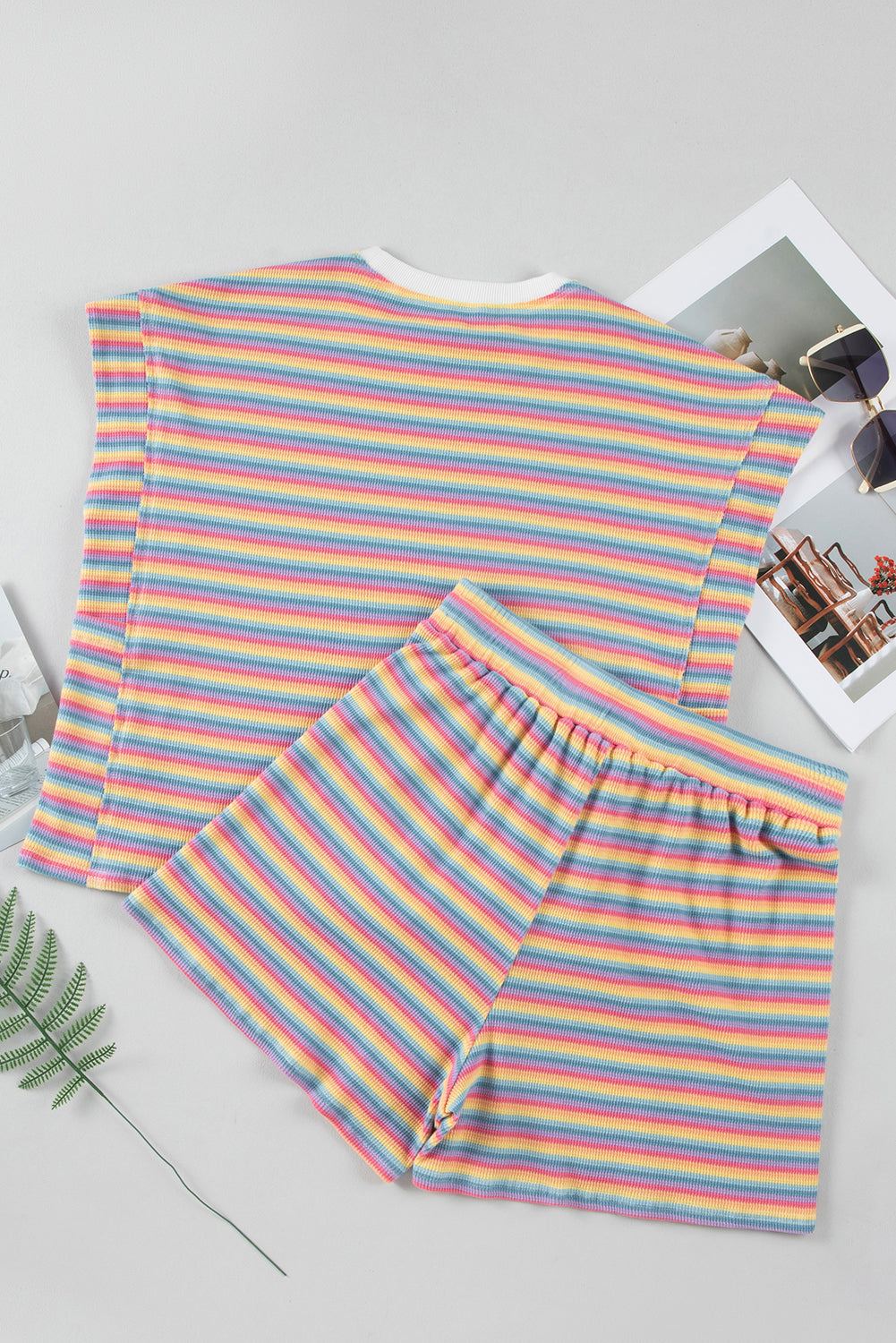 Women's Pink Stripe Crewneck Tee and Tasseled Shorts Set