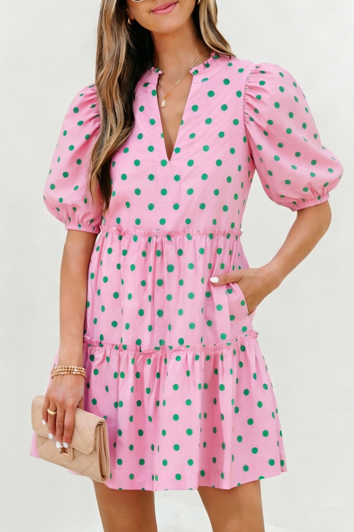 Pink Polka Dot V-Neck Mini Dress
