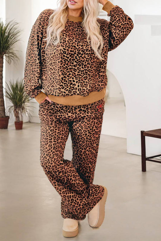 Khaki Leopard Pullover and Pants Outfit with Bow Embroidery
