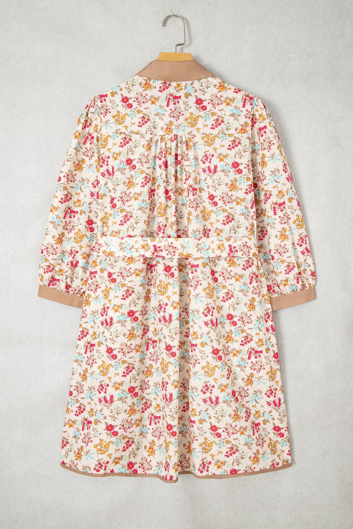 Orange Floral Print Color Block 3/4 Sleeve Belted Mini Dress