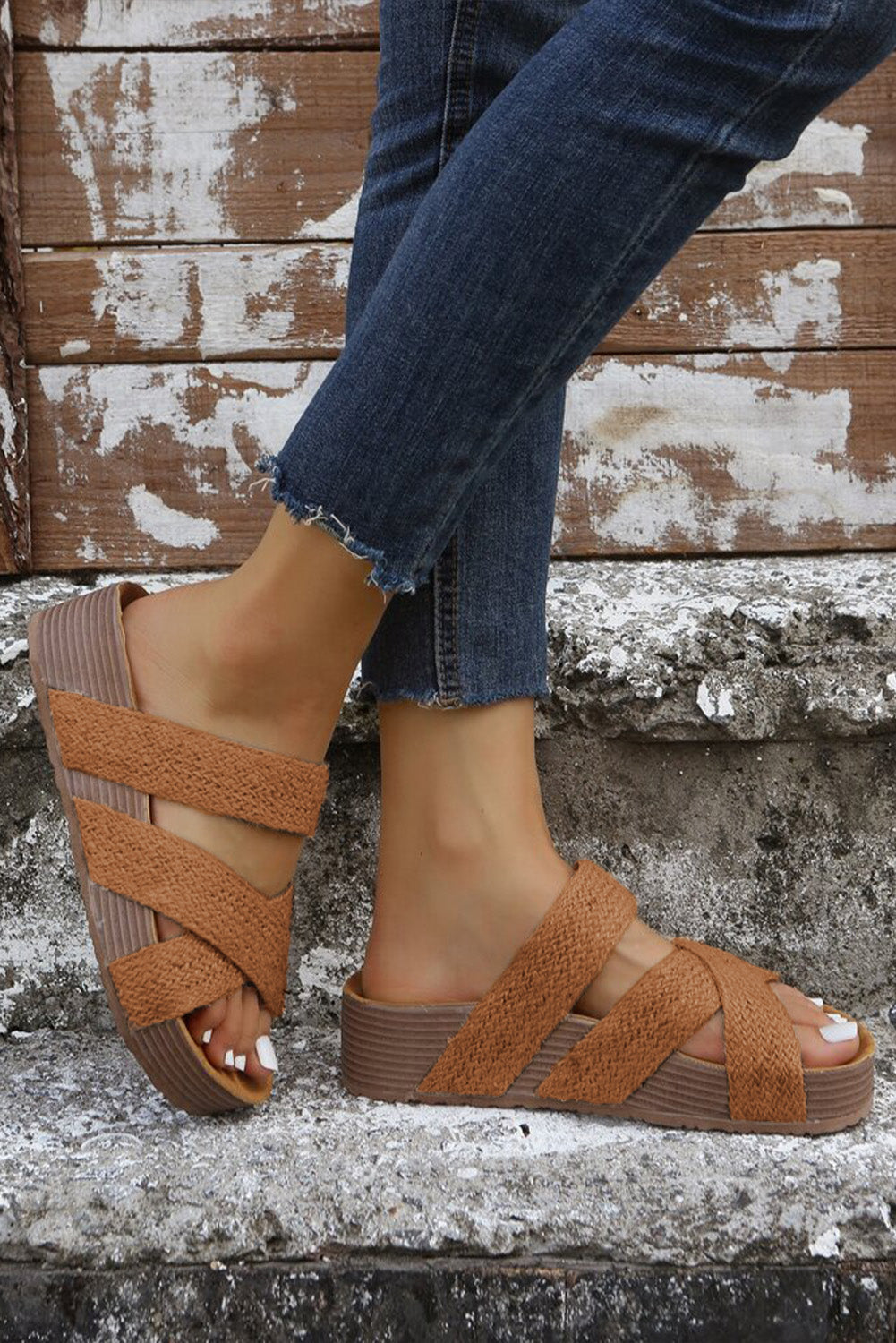 Beige Woven Cross Criss Hollowed Slip-On Sandals