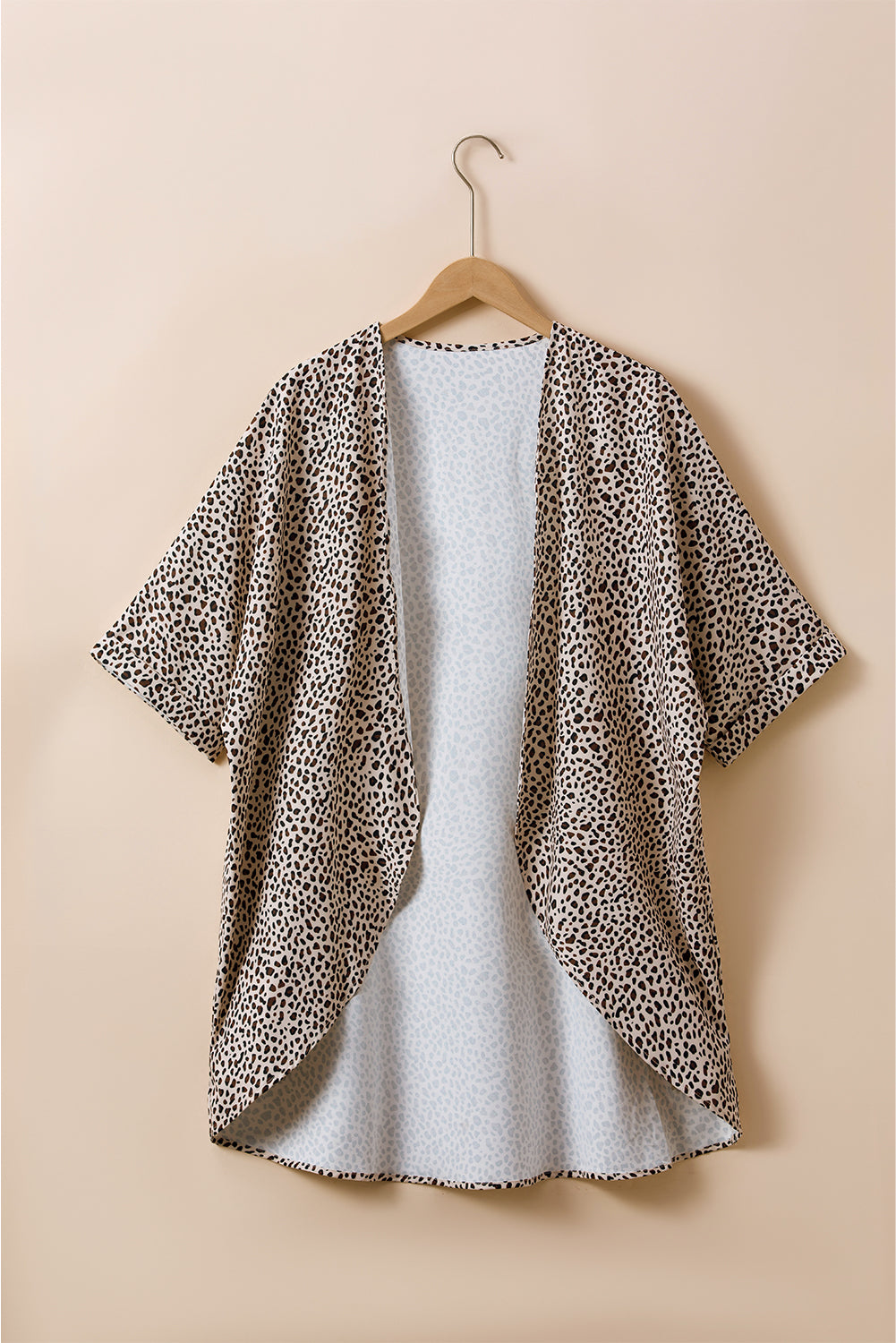 Khaki Plus Size Leopard Print Half-Sleeve Open-Front Cardigan