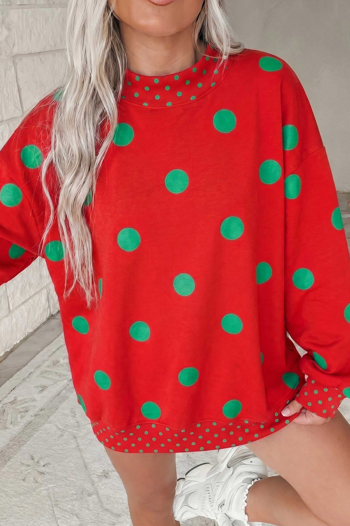 Red Polka Dot Print Contrast Oversized Tunic Sweatshirt