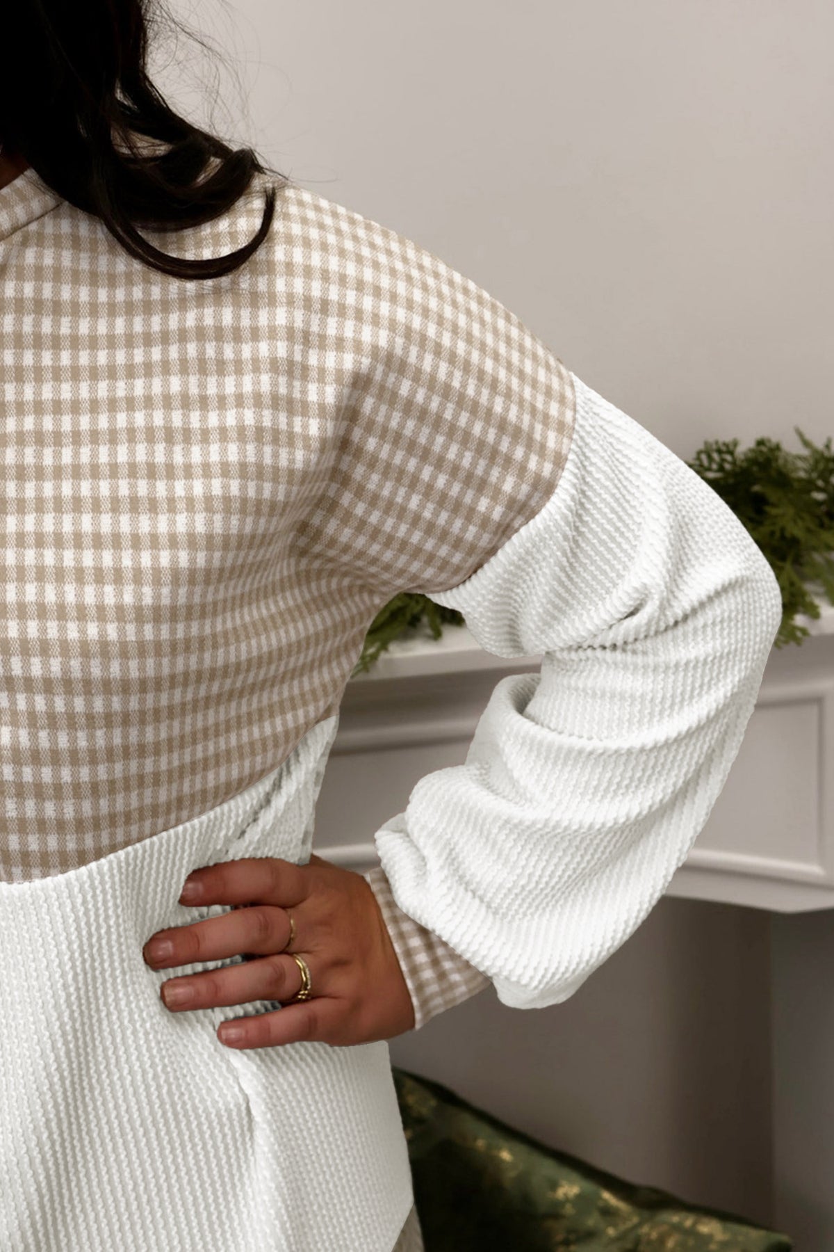 Khaki Patchwork Checkered Long-Sleeve Round-Neck Plus Size Blouse