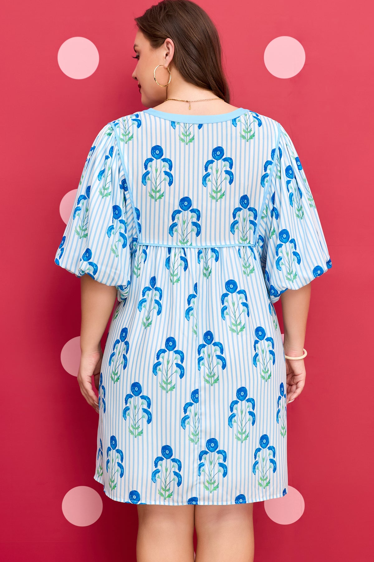 Sky Blue Floral Striped Bubble Short-Sleeve Plus Size Dress